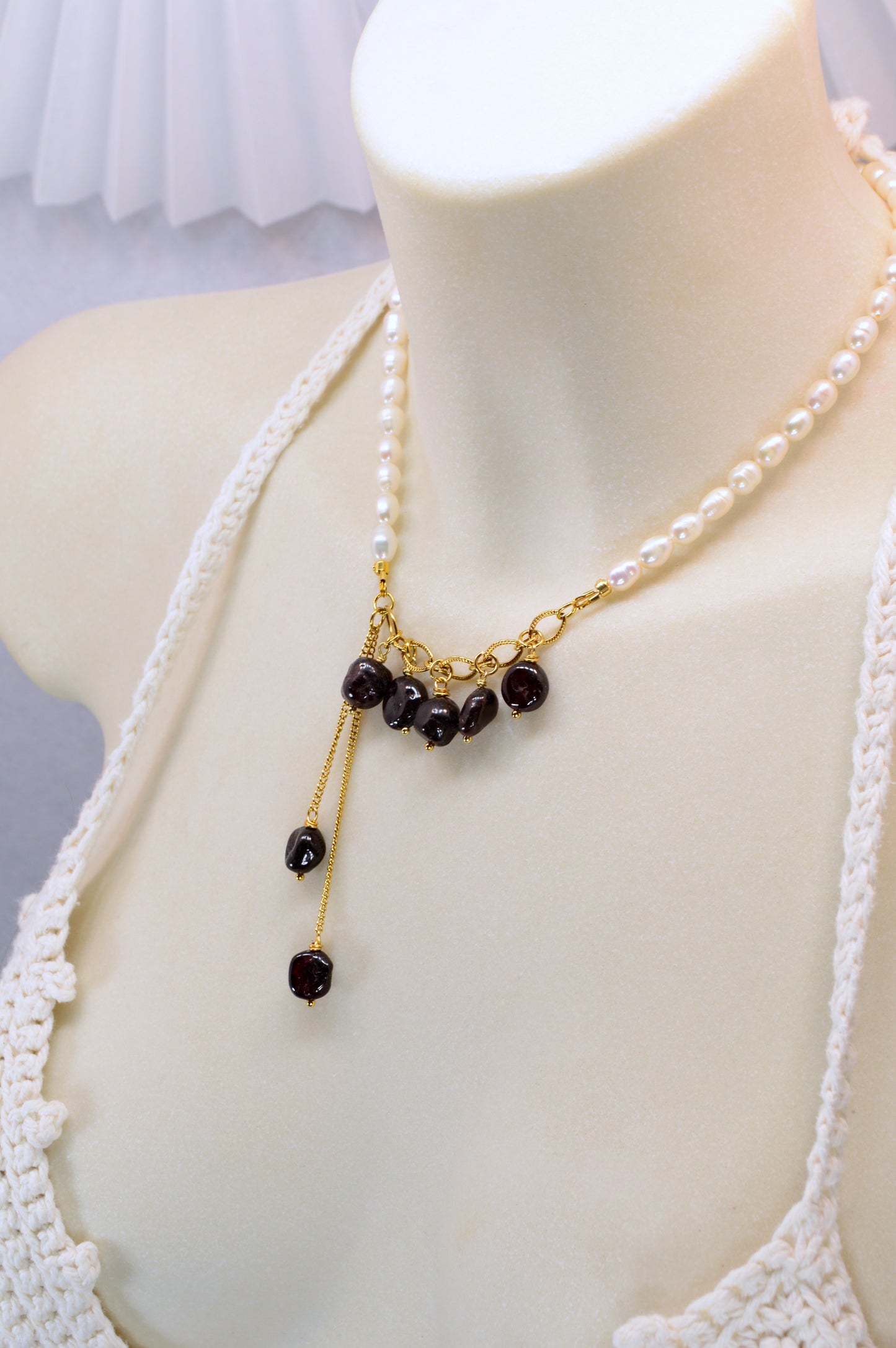 Freshwater Pearl & Dark Garnet Necklace – Gold Stainless Steel Chain, 16"/17"/18"