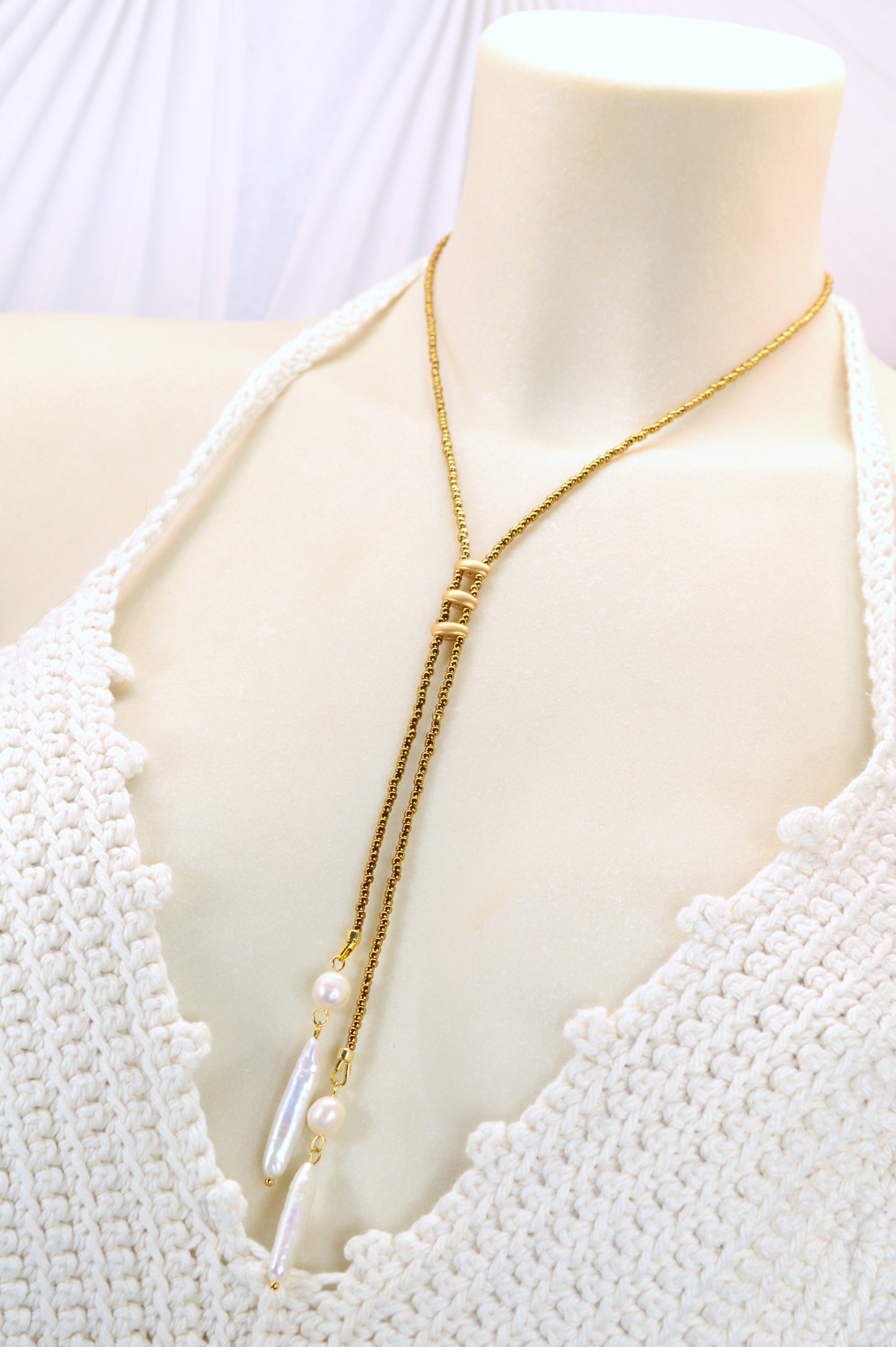 Gold Boho Pearl Lariat Necklace – Freshwater Stick Pearl Y Necklace