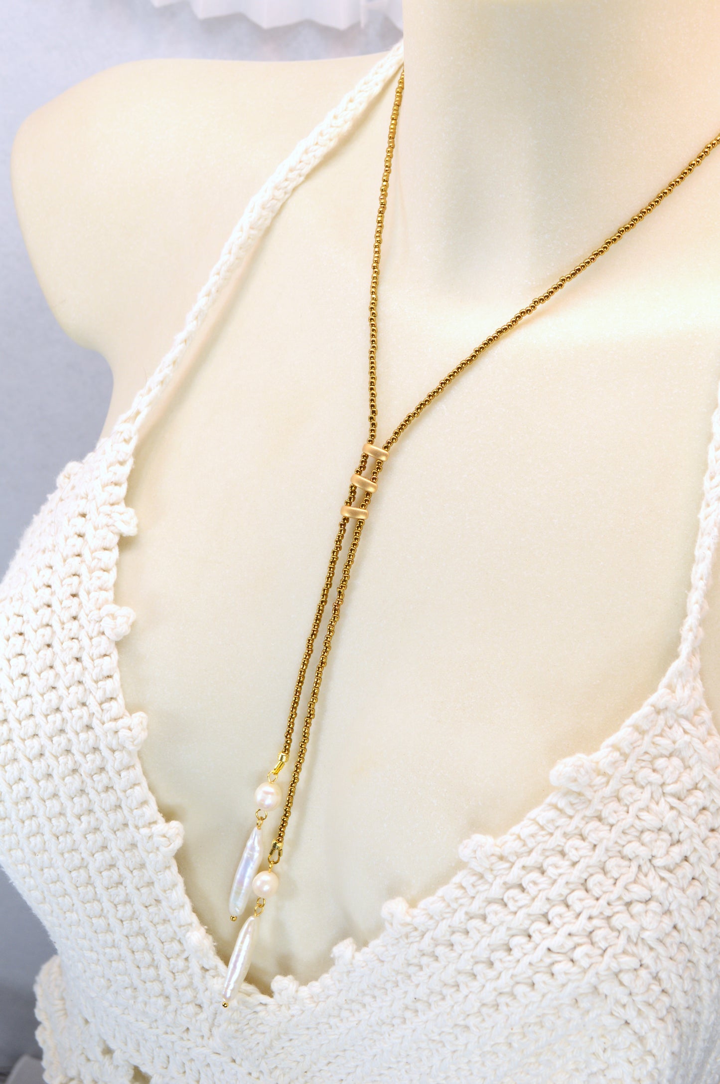 Gold Boho Pearl Lariat Necklace – Freshwater Stick Pearl Y Necklace