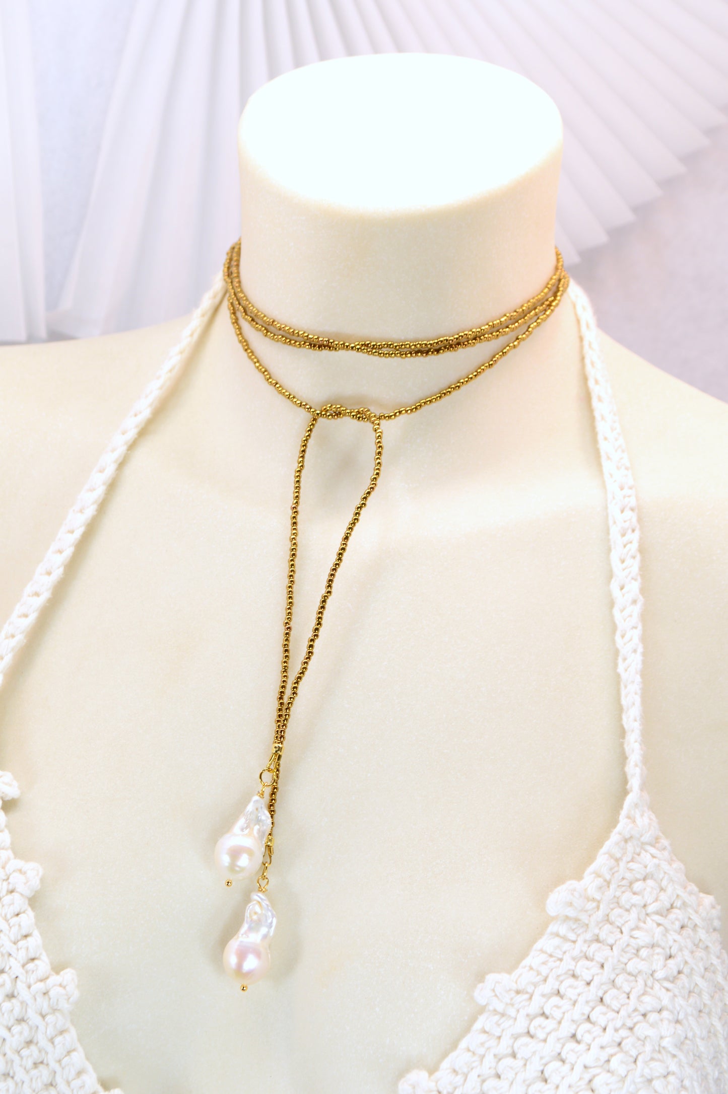 Long Pearl Drop Necklace – Gold Seed Beads & Baroque Pearl Pendant