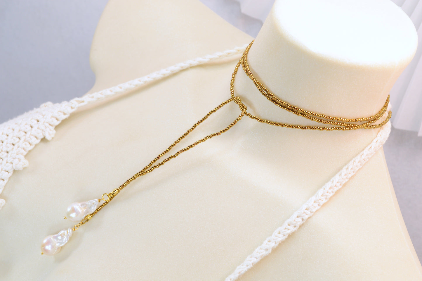 Long Pearl Drop Necklace – Gold Seed Beads & Baroque Pearl Pendant