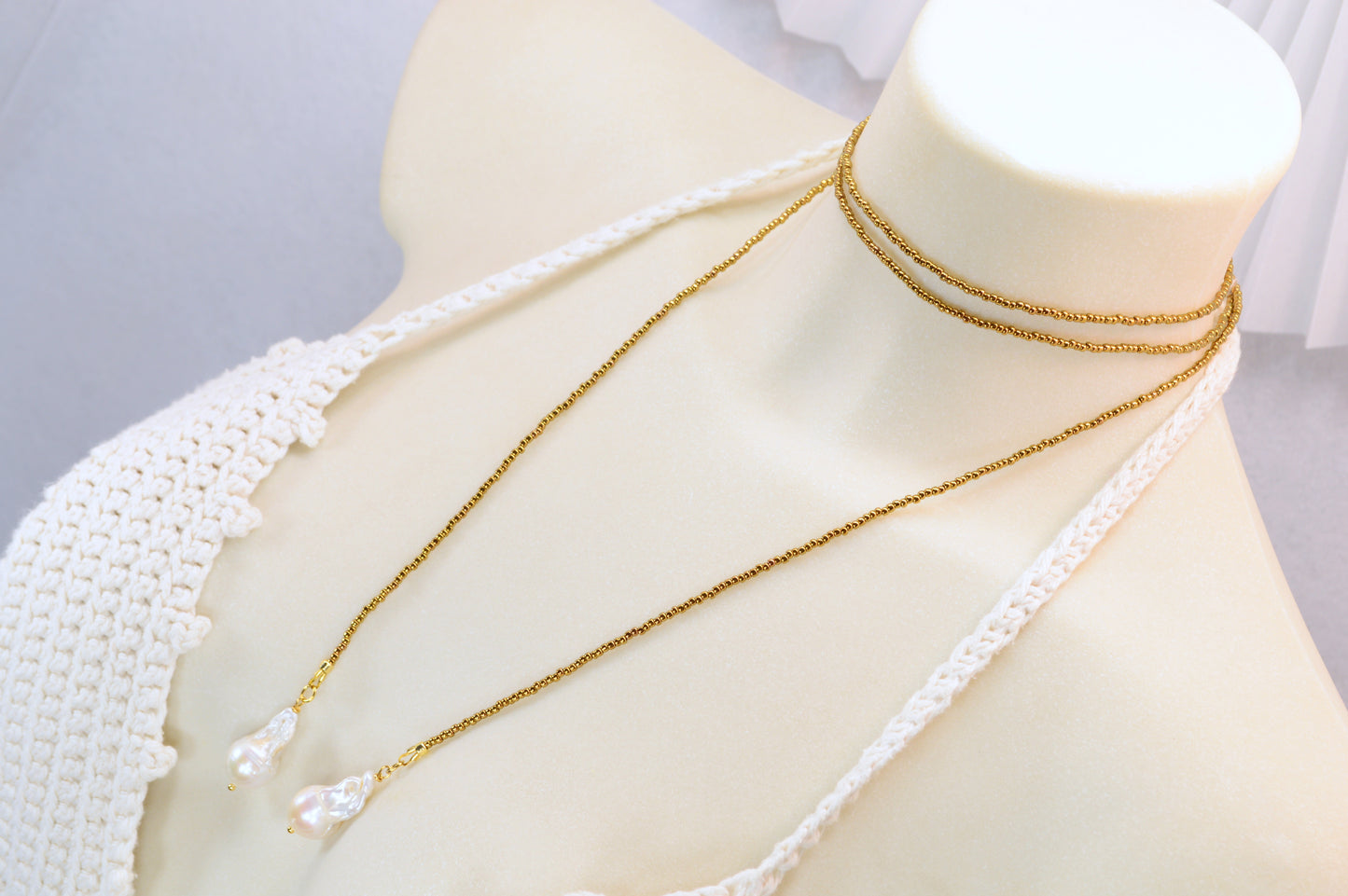 Long Pearl Drop Necklace – Gold Seed Beads & Baroque Pearl Pendant