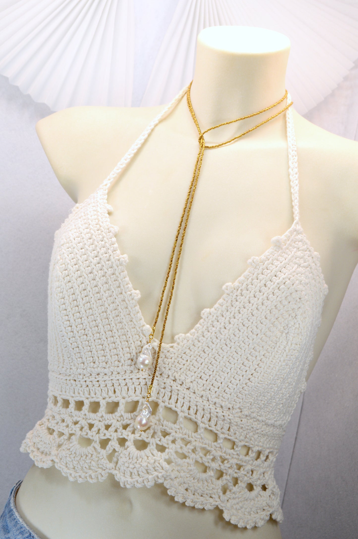 Long Pearl Drop Necklace – Gold Seed Beads & Baroque Pearl Pendant