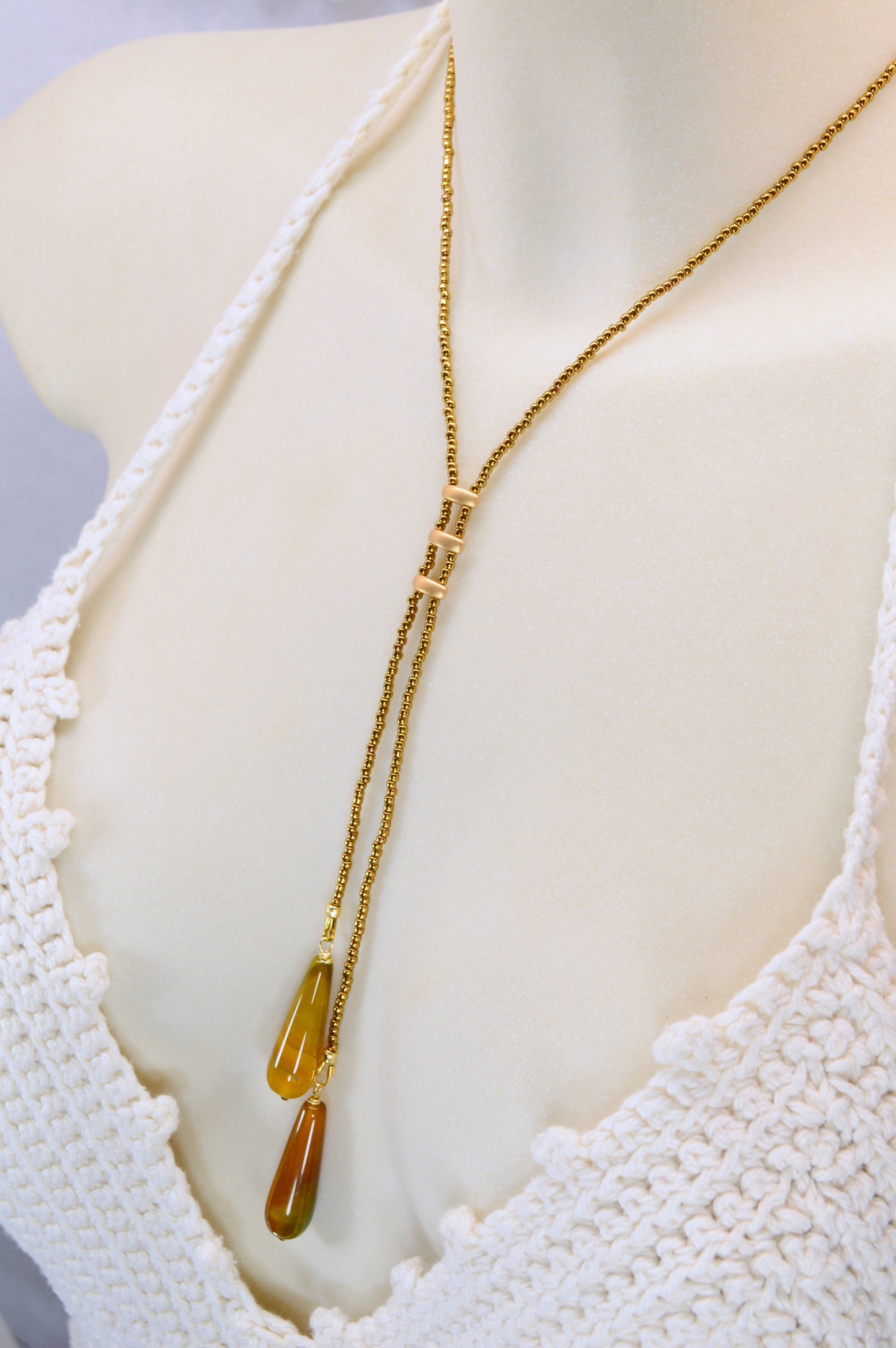 Agate Drop Lariat Necklace – Gold Seed Bead Y Necklace with Natural Agate Tips
