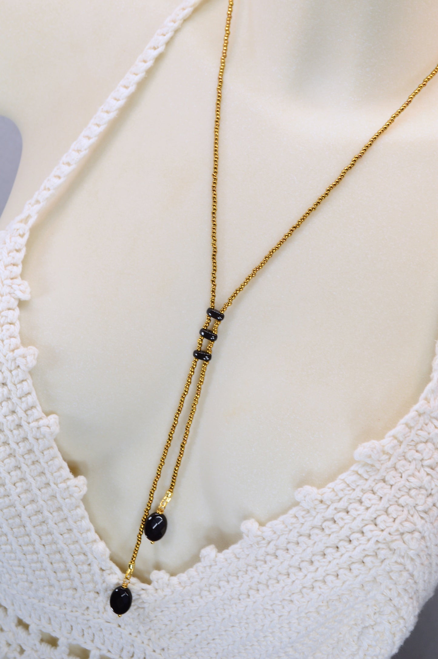 Onyx Y Lariat Necklace – Black Onyx Drops on Gold Seed Bead Chain