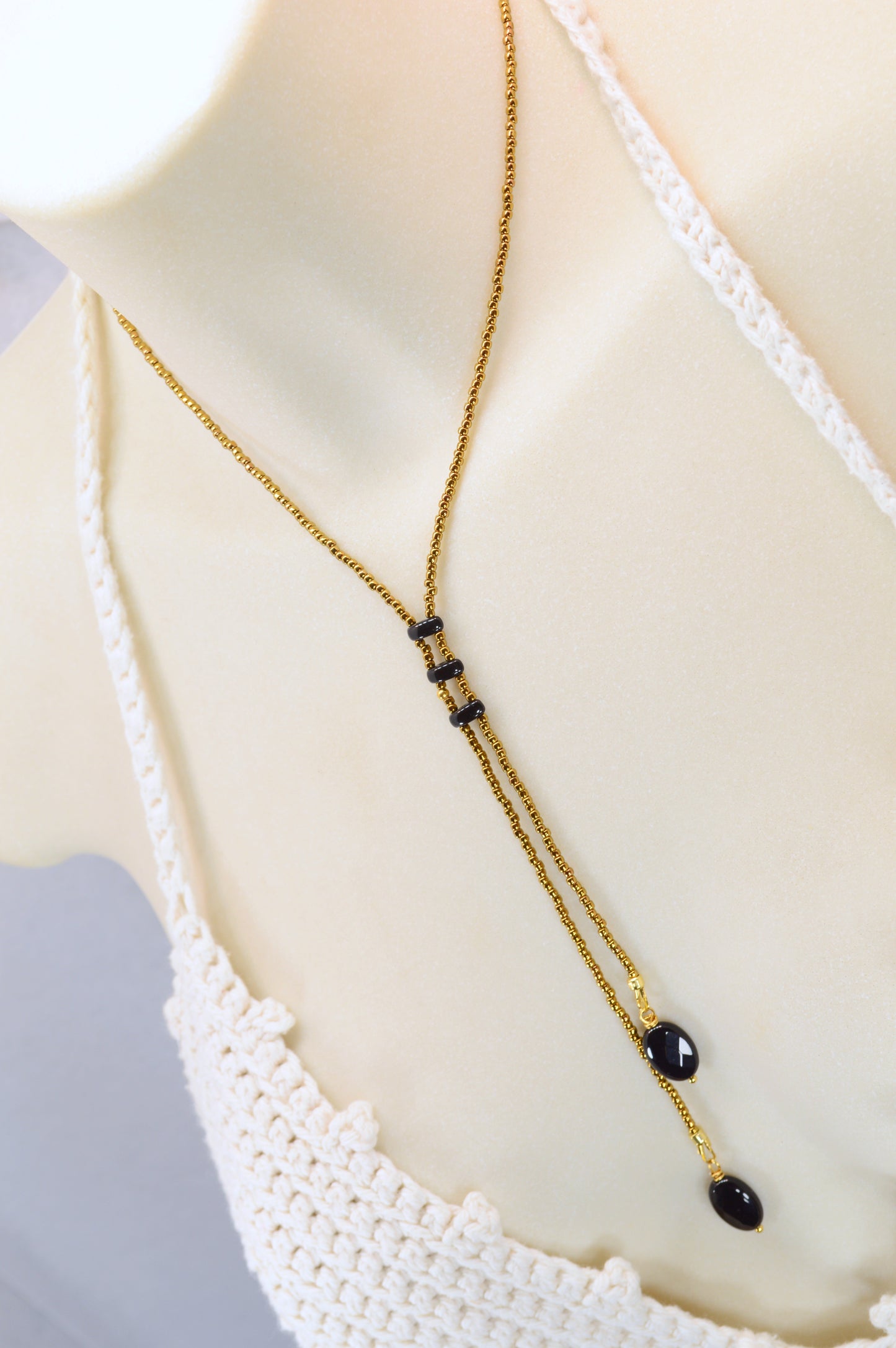 Onyx Y Lariat Necklace – Black Onyx Drops on Gold Seed Bead Chain