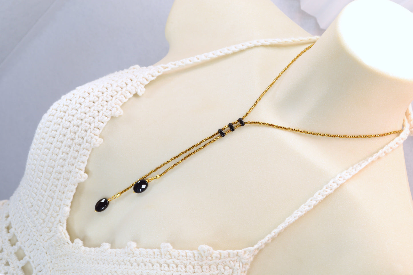 Onyx Y Lariat Necklace – Black Onyx Drops on Gold Seed Bead Chain