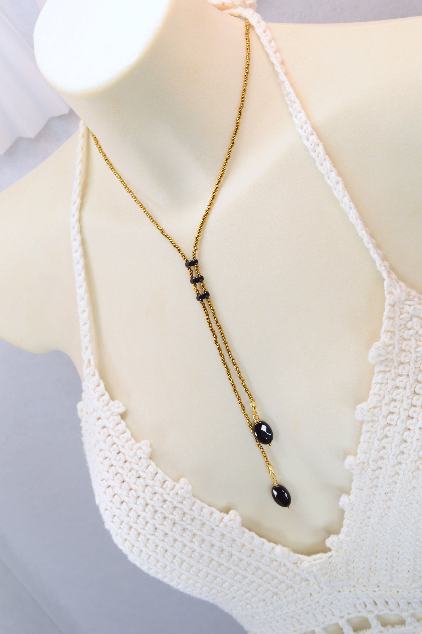 Onyx Y Lariat Necklace – Black Onyx Drops on Gold Seed Bead Chain