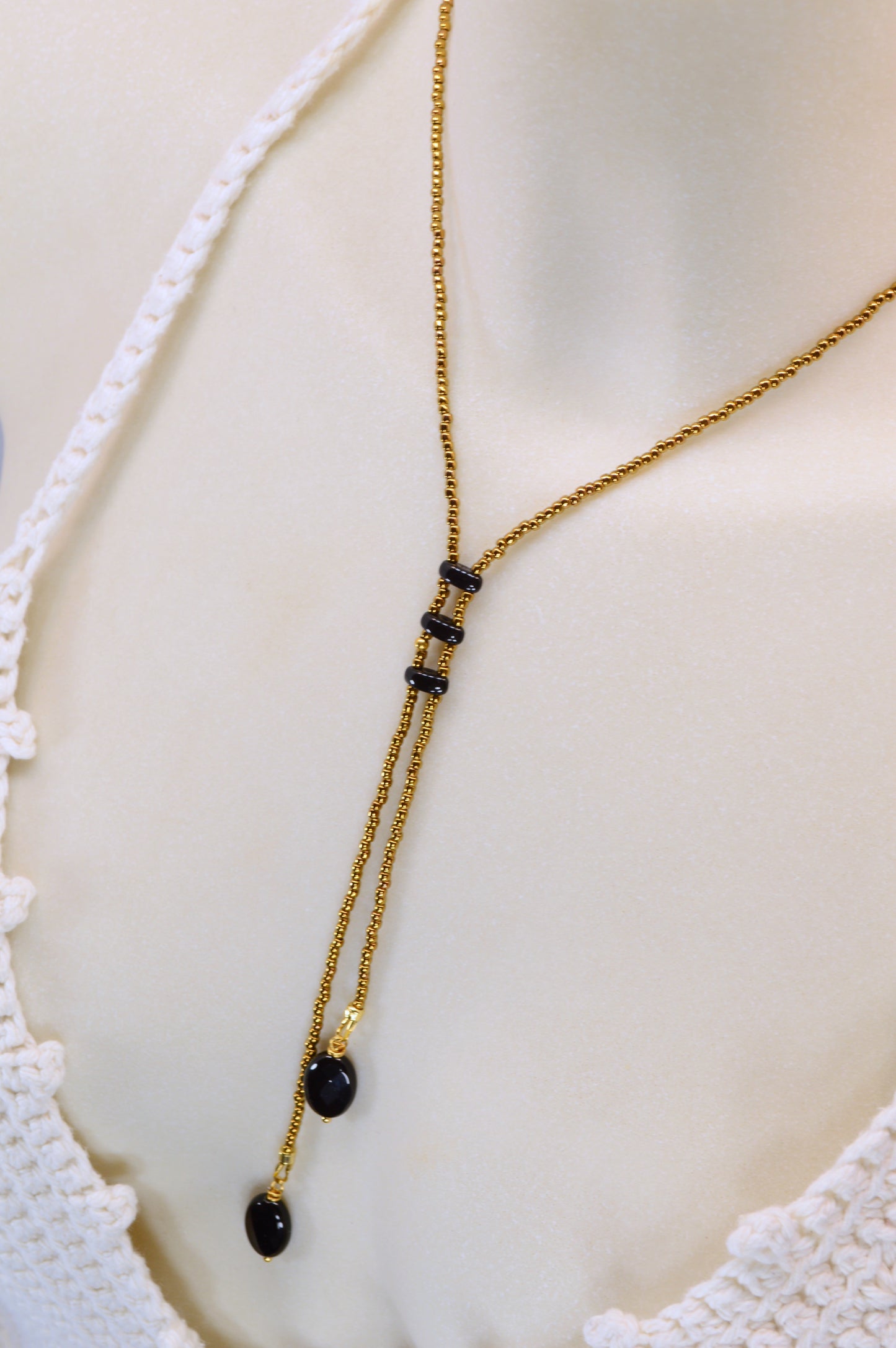 Onyx Y Lariat Necklace – Black Onyx Drops on Gold Seed Bead Chain