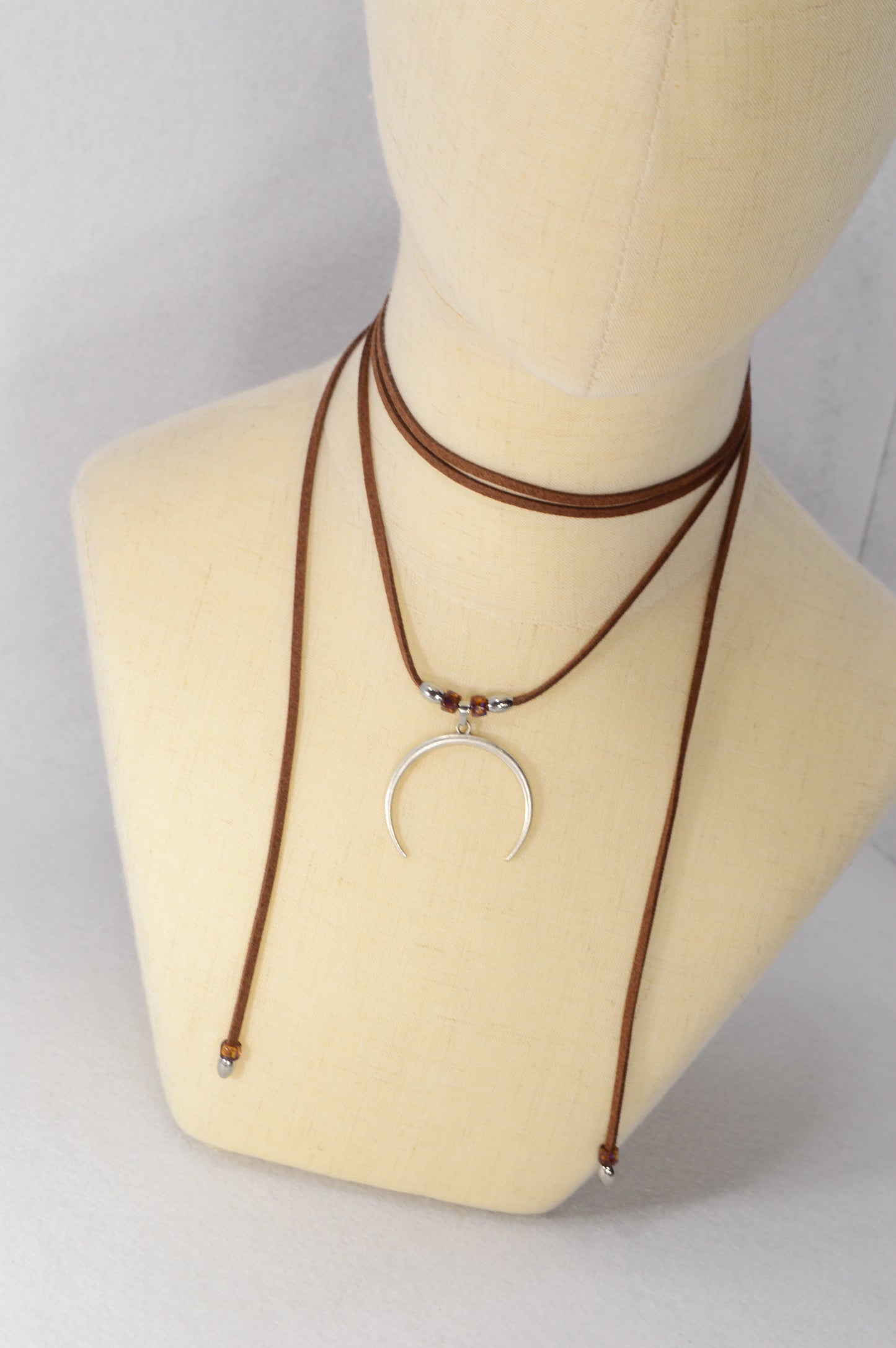 Crescent Moon Suede Wrap Necklace – Boho Adjustable Choker