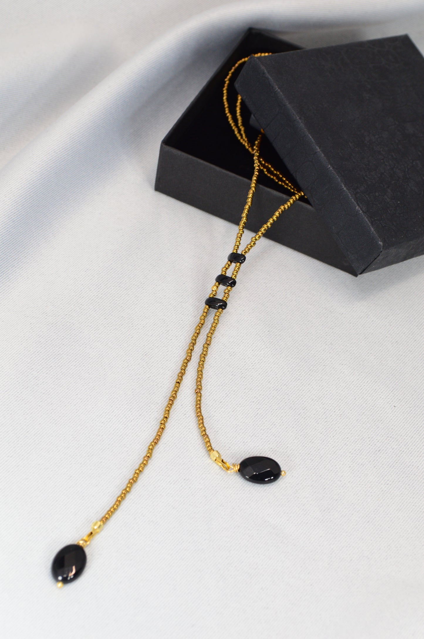 Onyx Y Lariat Necklace – Black Onyx Drops on Gold Seed Bead Chain