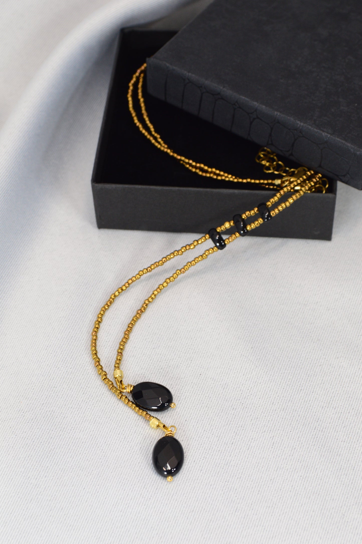 Onyx Y Lariat Necklace – Black Onyx Drops on Gold Seed Bead Chain