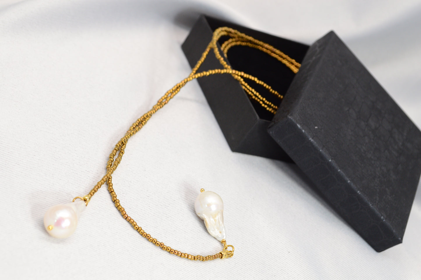 Long Pearl Drop Necklace – Gold Seed Beads & Baroque Pearl Pendant