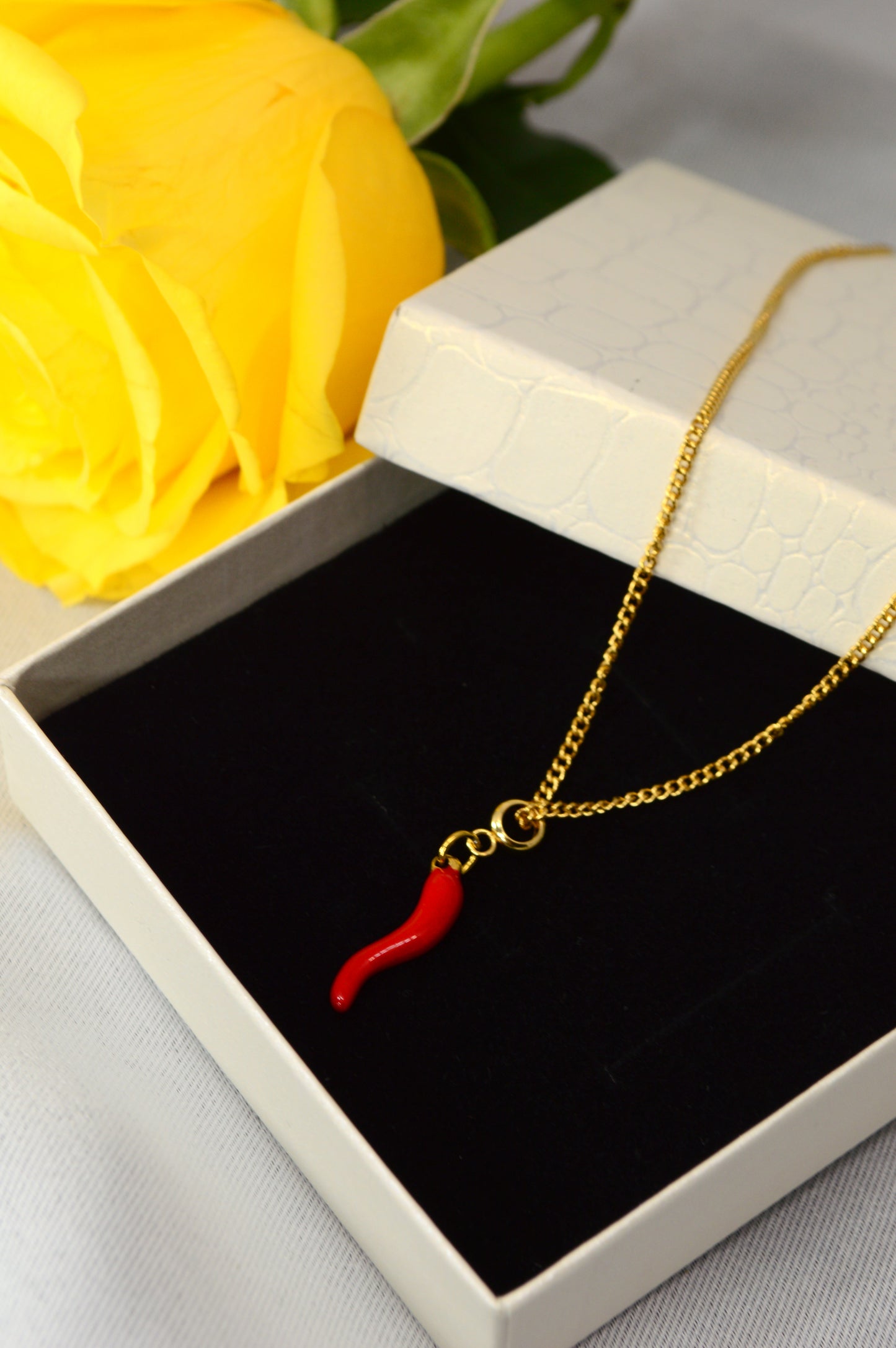 Red Chili Pepper Pendant Necklace – Enamel Charm on Gold Stainless Steel Chain