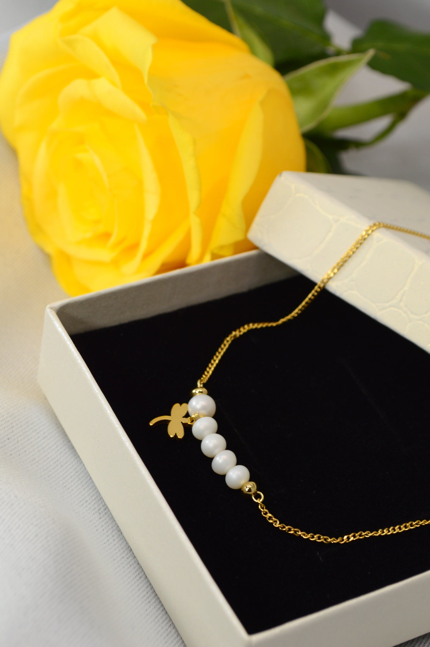 Freshwater Pearl Necklace – Minimal Bar Pendant with Gold Charm on Stainless Steel Chain