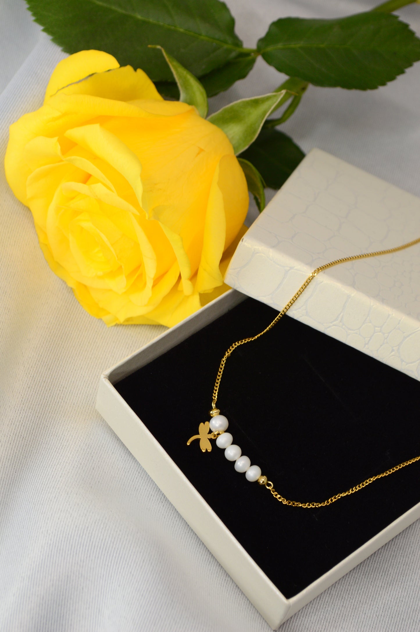Freshwater Pearl Necklace – Minimal Bar Pendant with Gold Charm on Stainless Steel Chain