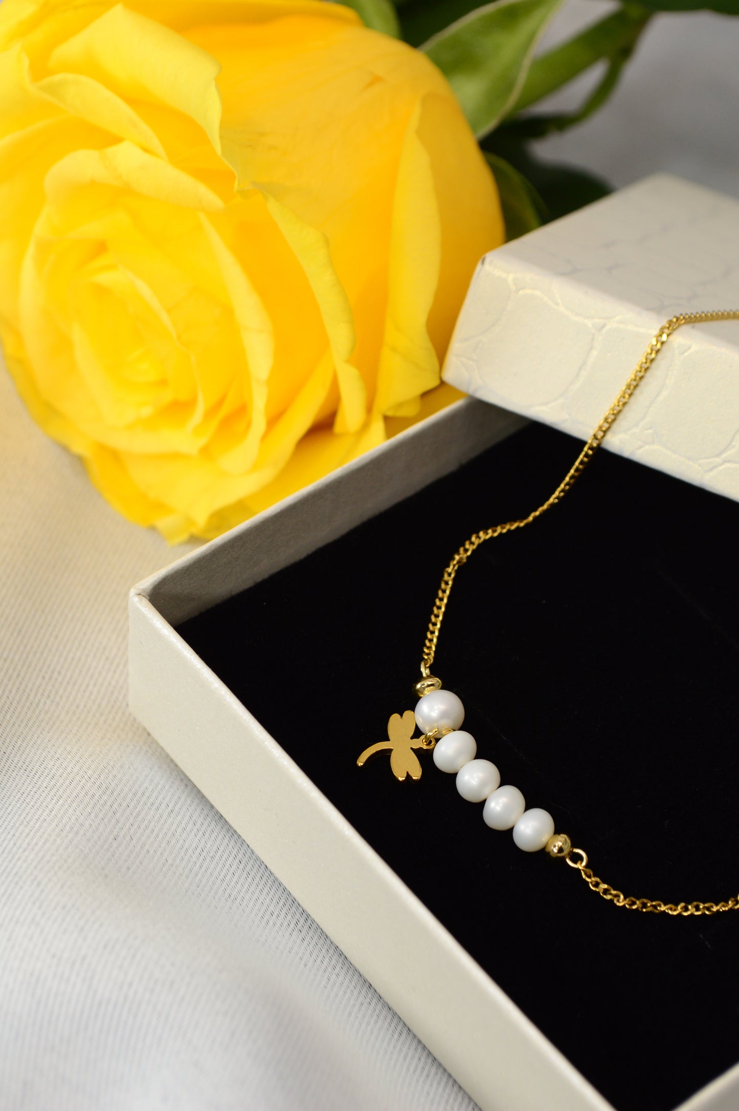 Freshwater Pearl Necklace – Minimal Bar Pendant with Gold Charm on Stainless Steel Chain