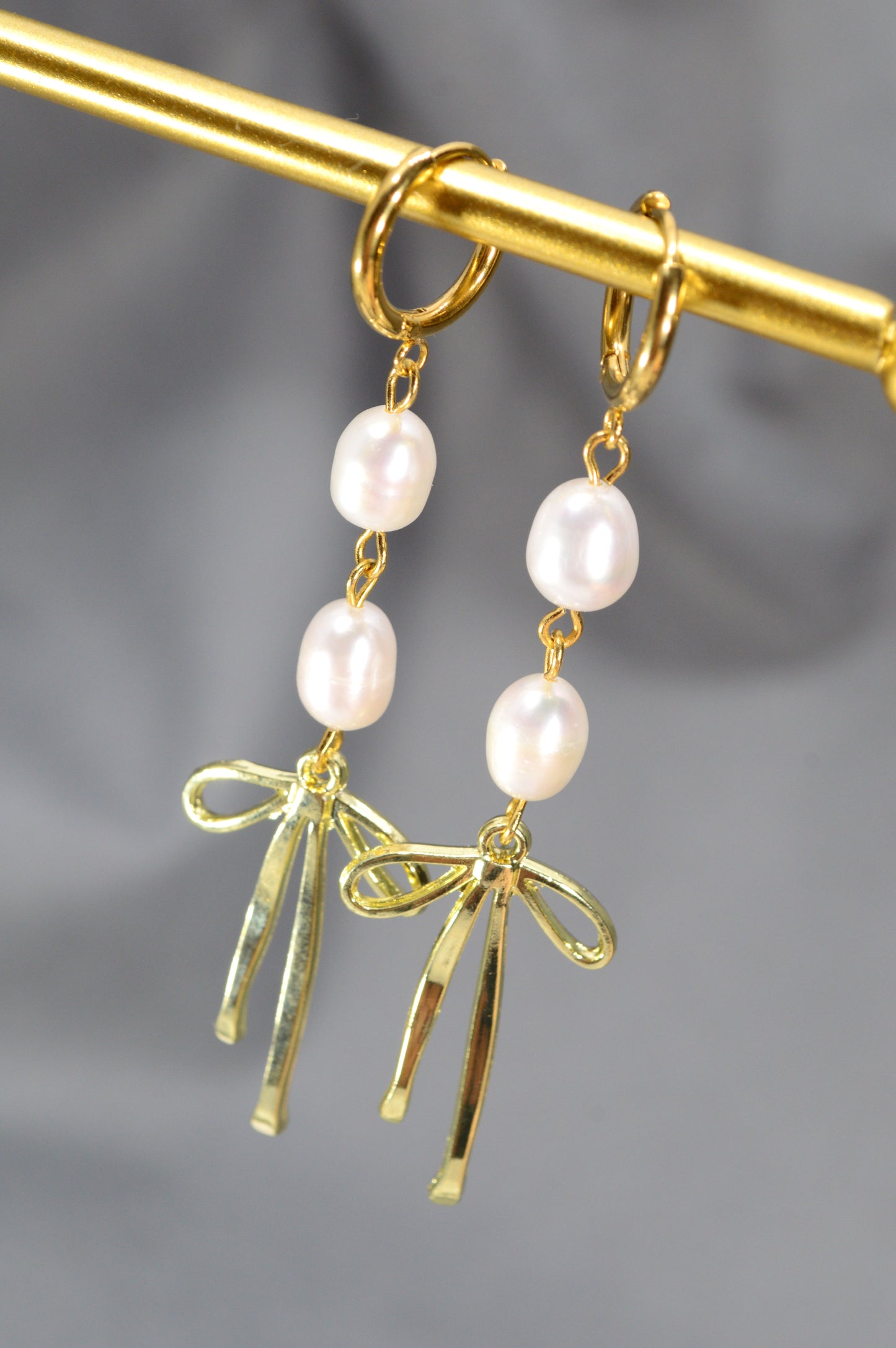 Gold Pearl Ribbon Drop Earrings – Freshwater Pearl Dangle, Elegant Bow Design, 3"