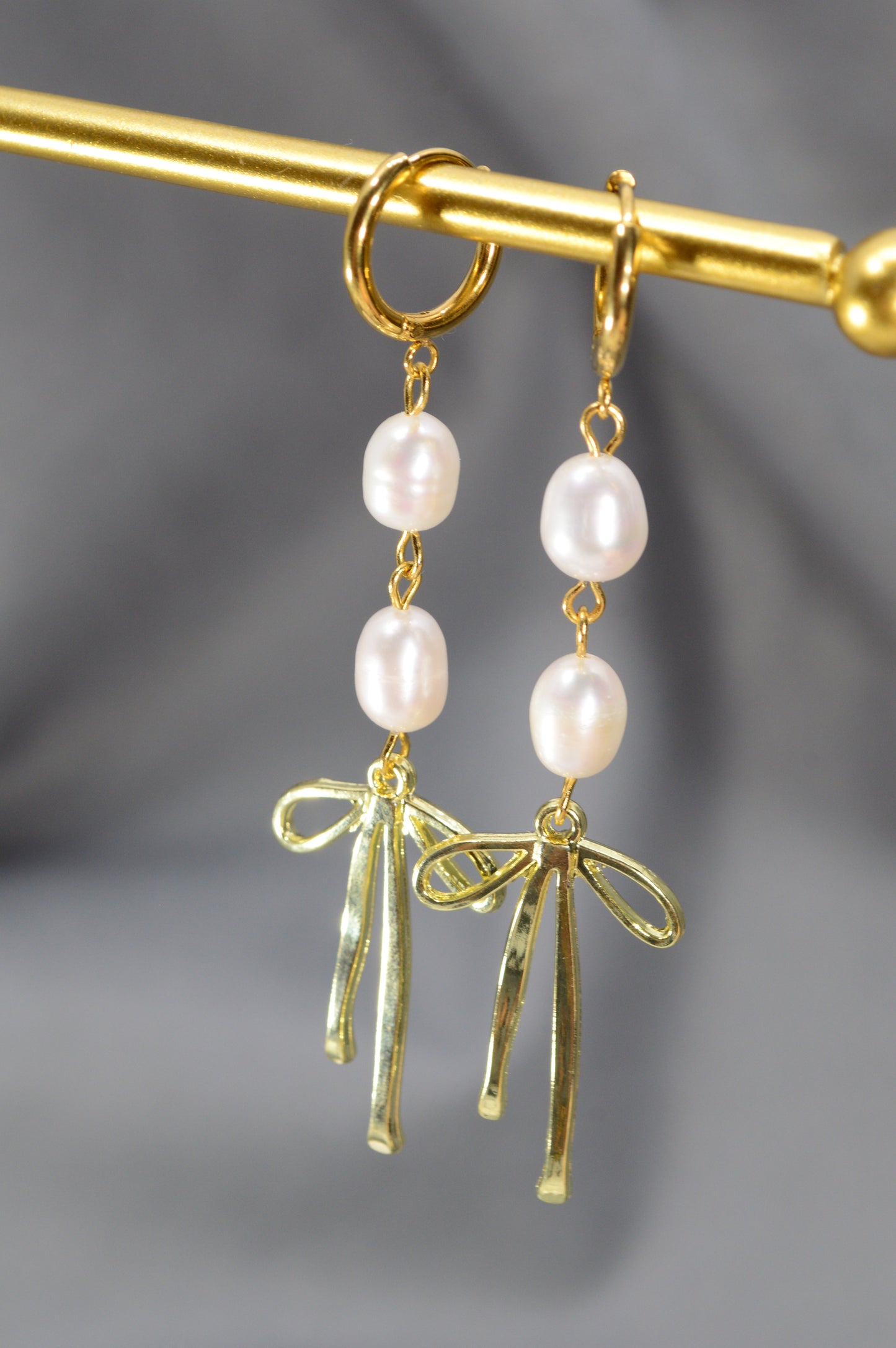Gold Pearl Ribbon Drop Earrings – Freshwater Pearl Dangle, Elegant Bow Design, 3"