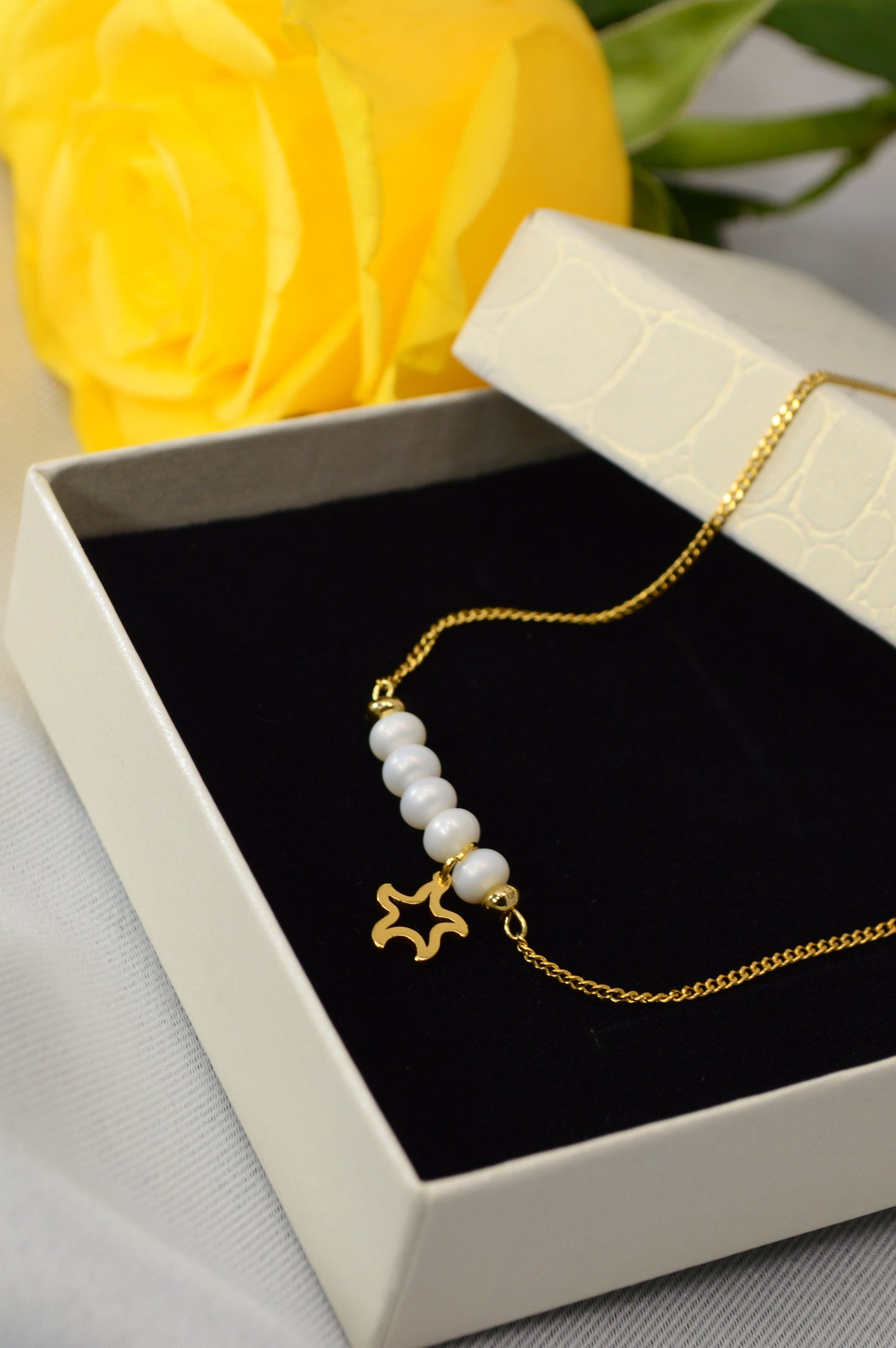 Freshwater Pearl Necklace – Minimal Bar Pendant with Gold Charm on Stainless Steel Chain