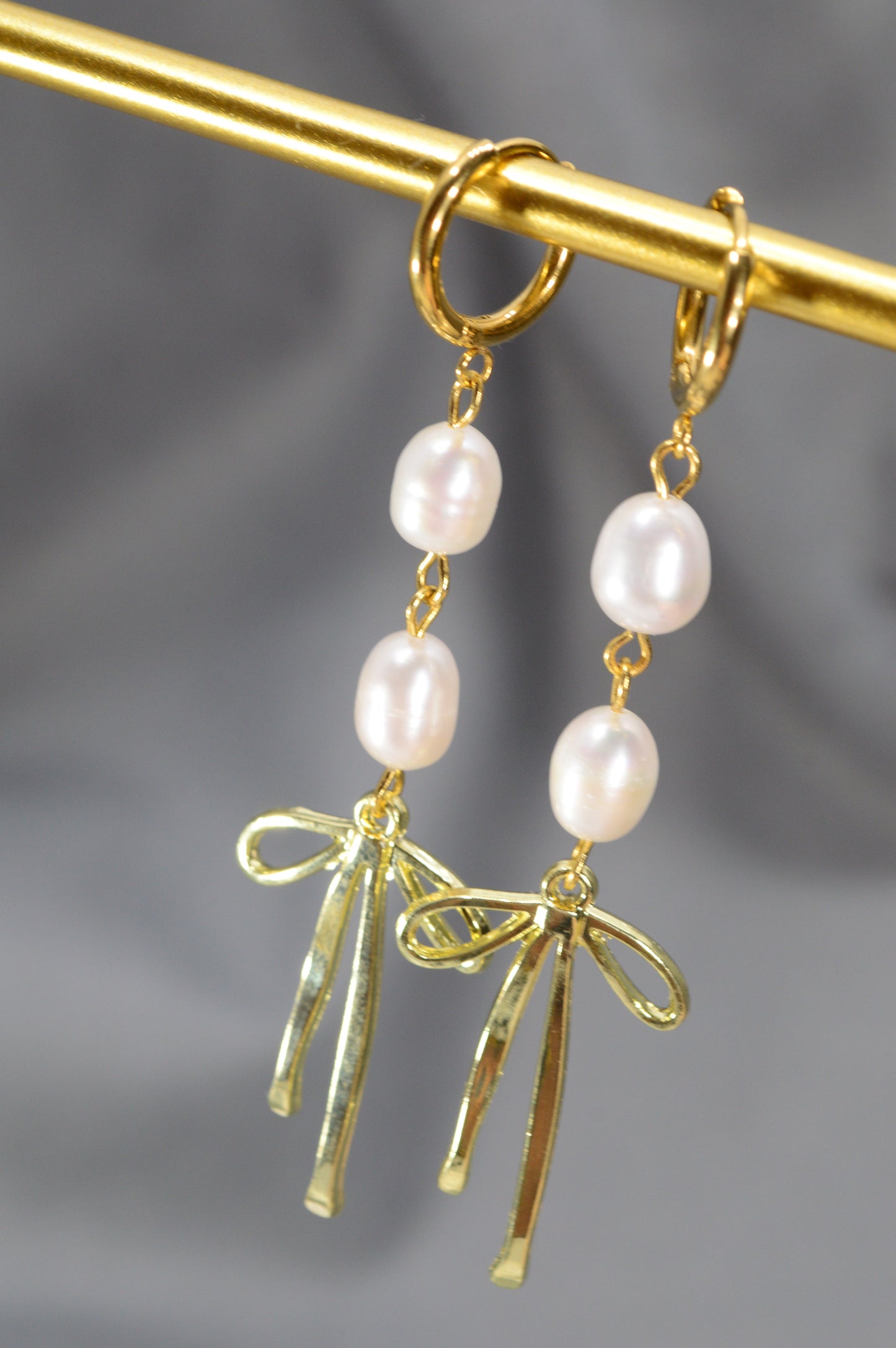 Gold Pearl Ribbon Drop Earrings – Freshwater Pearl Dangle, Elegant Bow Design, 3"