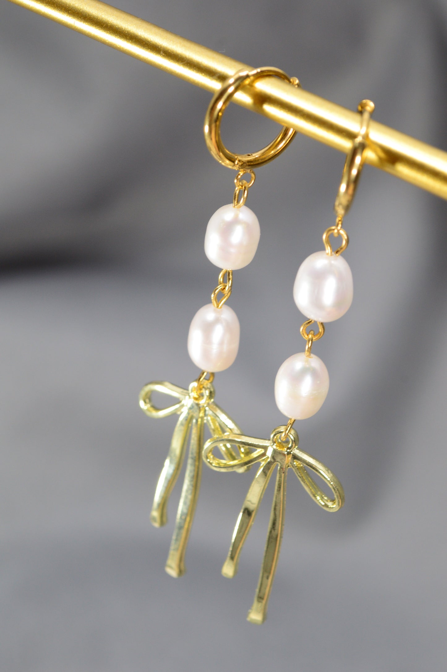 Gold Pearl Ribbon Drop Earrings – Freshwater Pearl Dangle, Elegant Bow Design, 3"