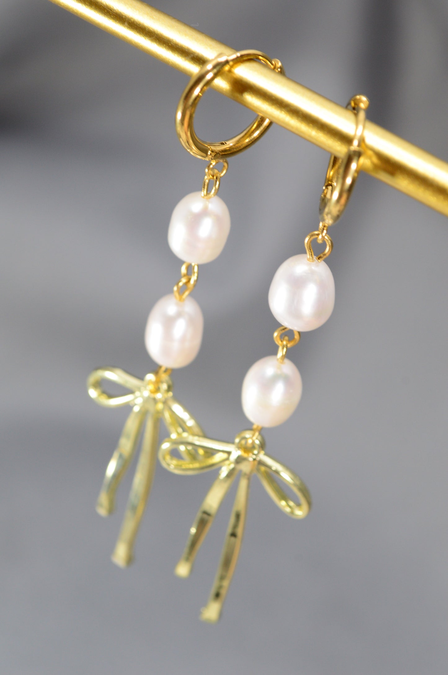 Gold Pearl Ribbon Drop Earrings – Freshwater Pearl Dangle, Elegant Bow Design, 3"