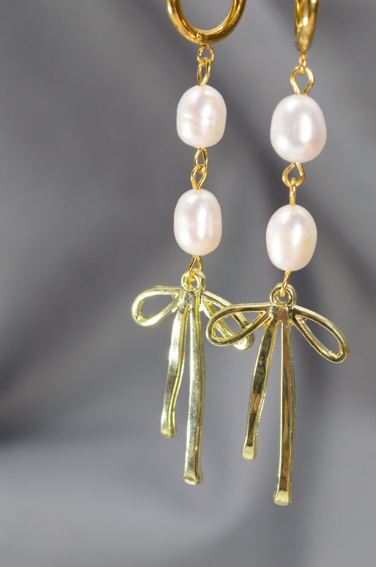 Gold Pearl Ribbon Drop Earrings – Freshwater Pearl Dangle, Elegant Bow Design, 3"
