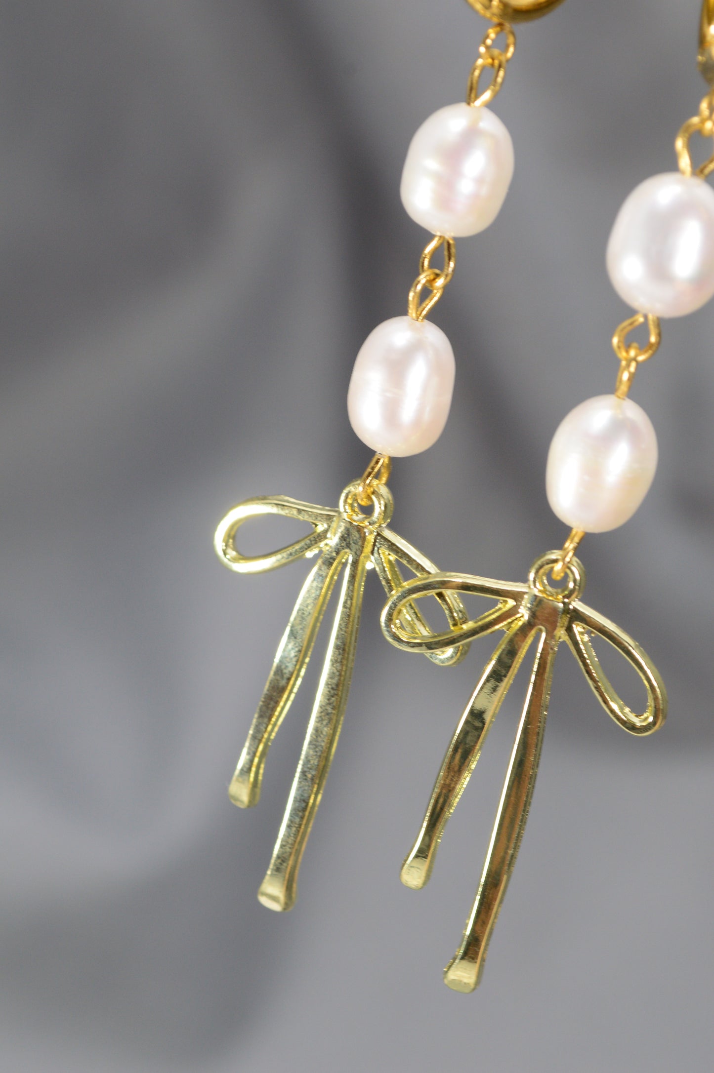 Gold Pearl Ribbon Drop Earrings – Freshwater Pearl Dangle, Elegant Bow Design, 3"