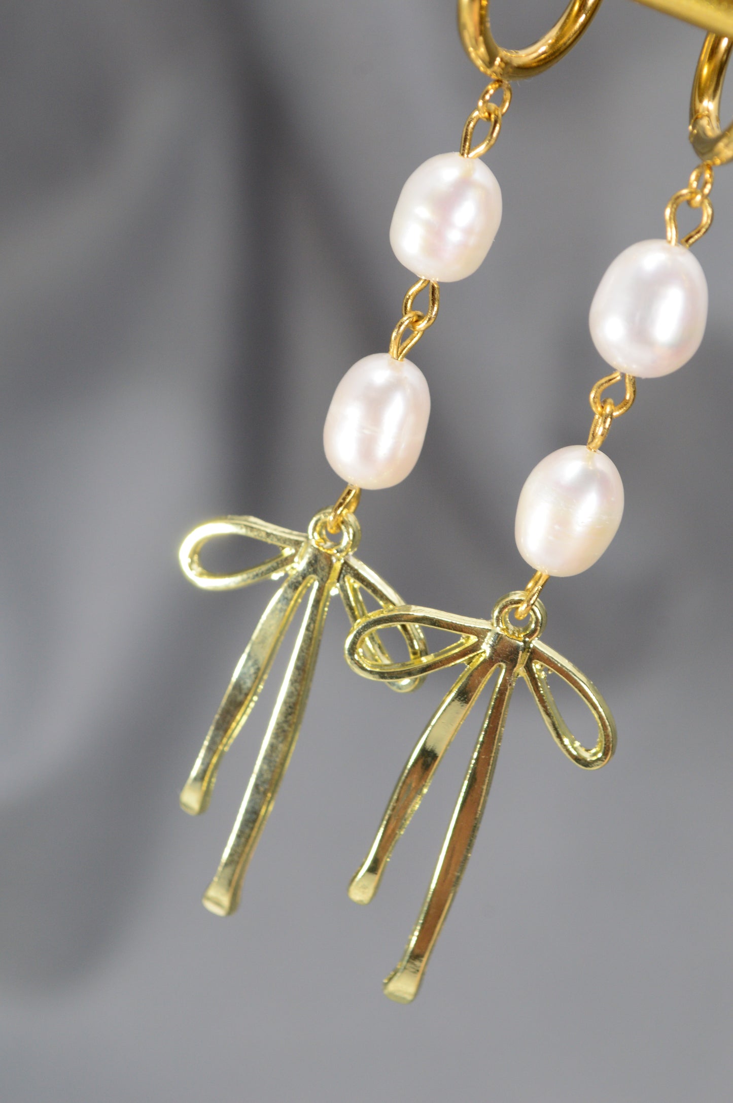 Gold Pearl Ribbon Drop Earrings – Freshwater Pearl Dangle, Elegant Bow Design, 3"