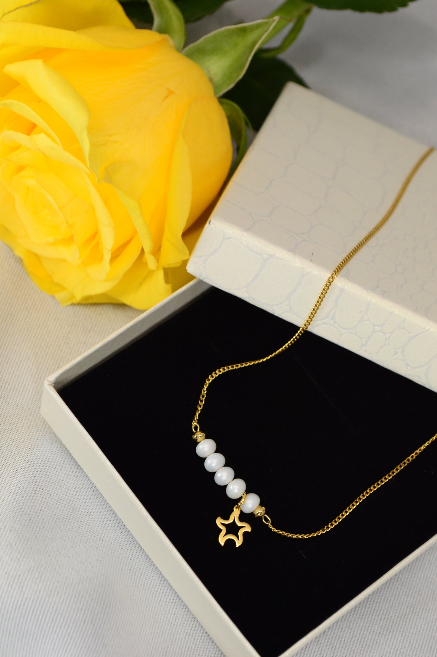 Freshwater Pearl Necklace – Minimal Bar Pendant with Gold Charm on Stainless Steel Chain