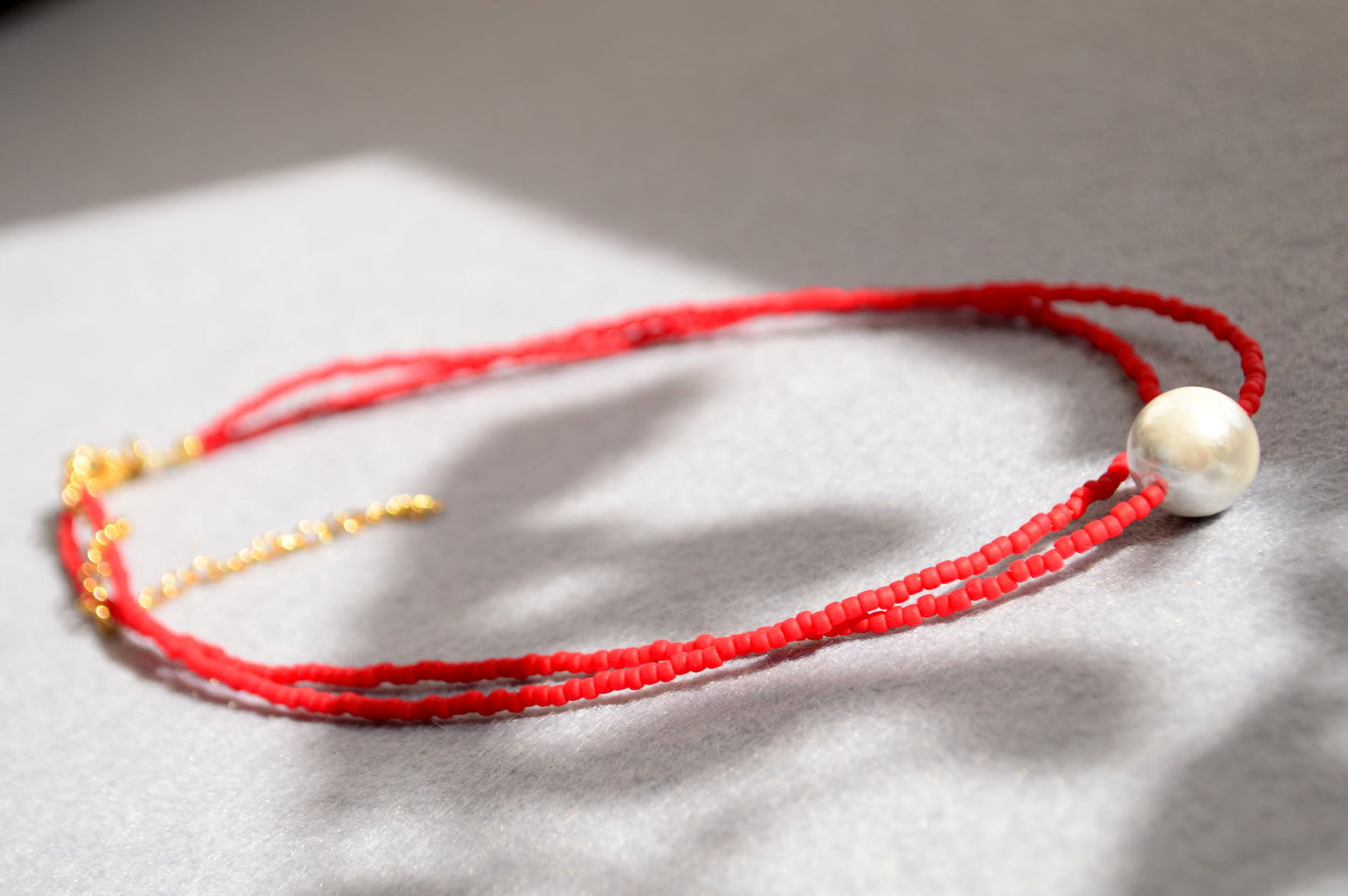 Red Seed Bead Choker with Mother of Pearl – Double Strand Minimalist Necklace