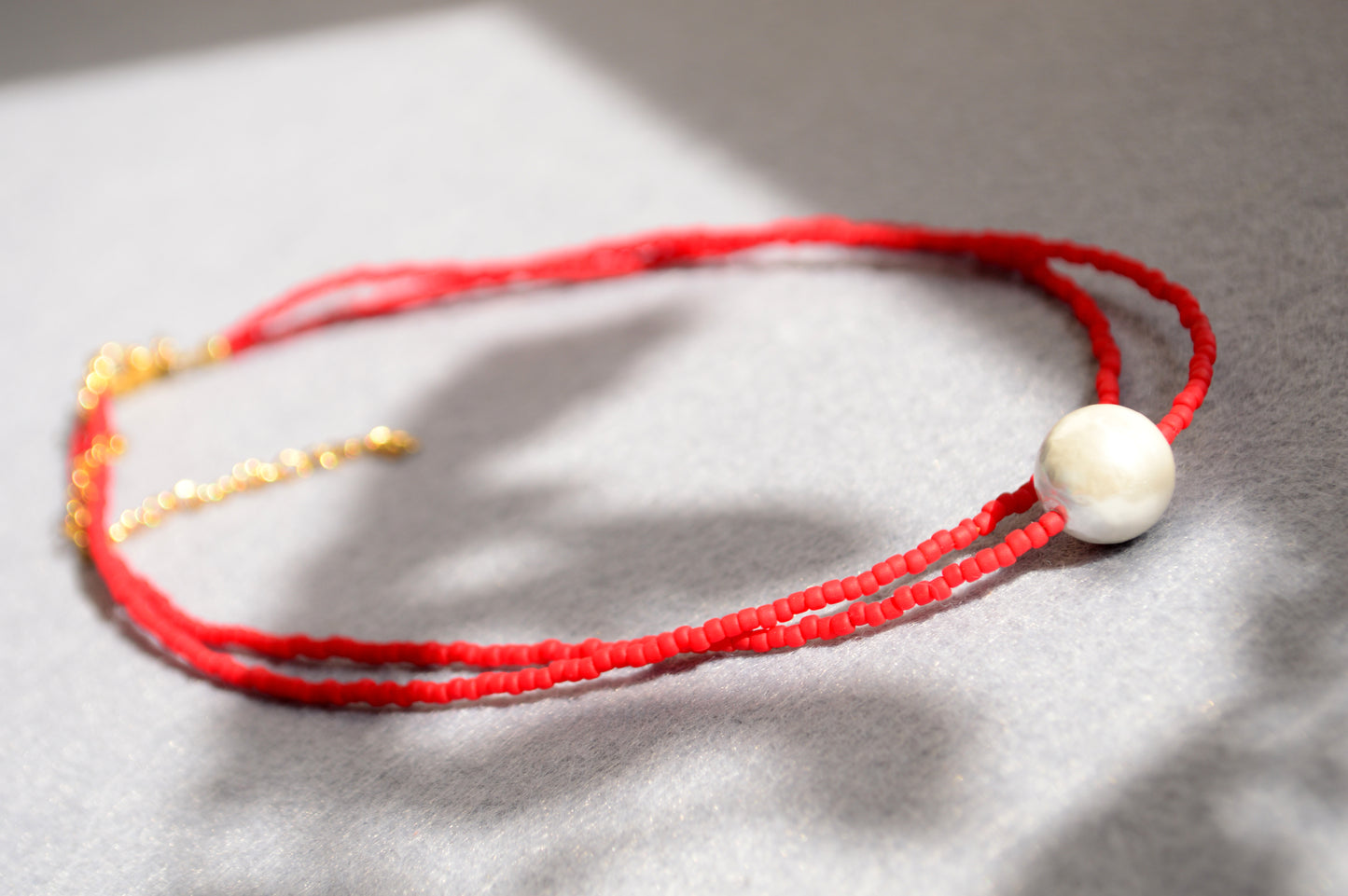 Red Seed Bead Choker with Mother of Pearl – Double Strand Minimalist Necklace