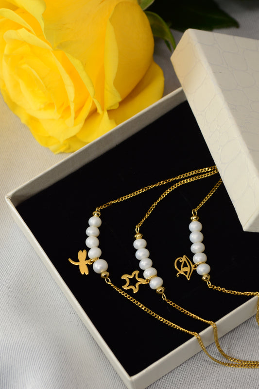 Freshwater Pearl Necklace – Minimal Bar Pendant with Gold Charm on Stainless Steel Chain