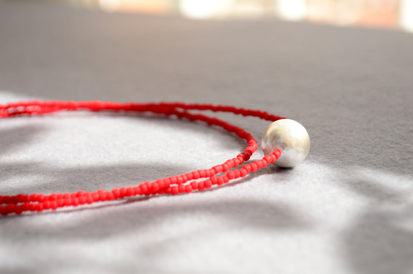 Red Seed Bead Choker with Mother of Pearl – Double Strand Minimalist Necklace