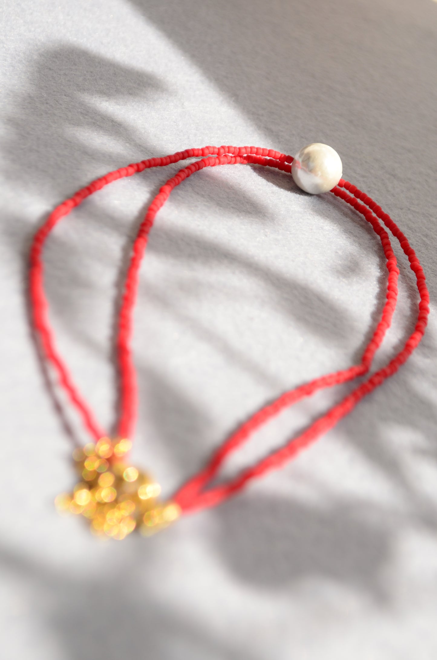 Red Seed Bead Choker with Mother of Pearl – Double Strand Minimalist Necklace