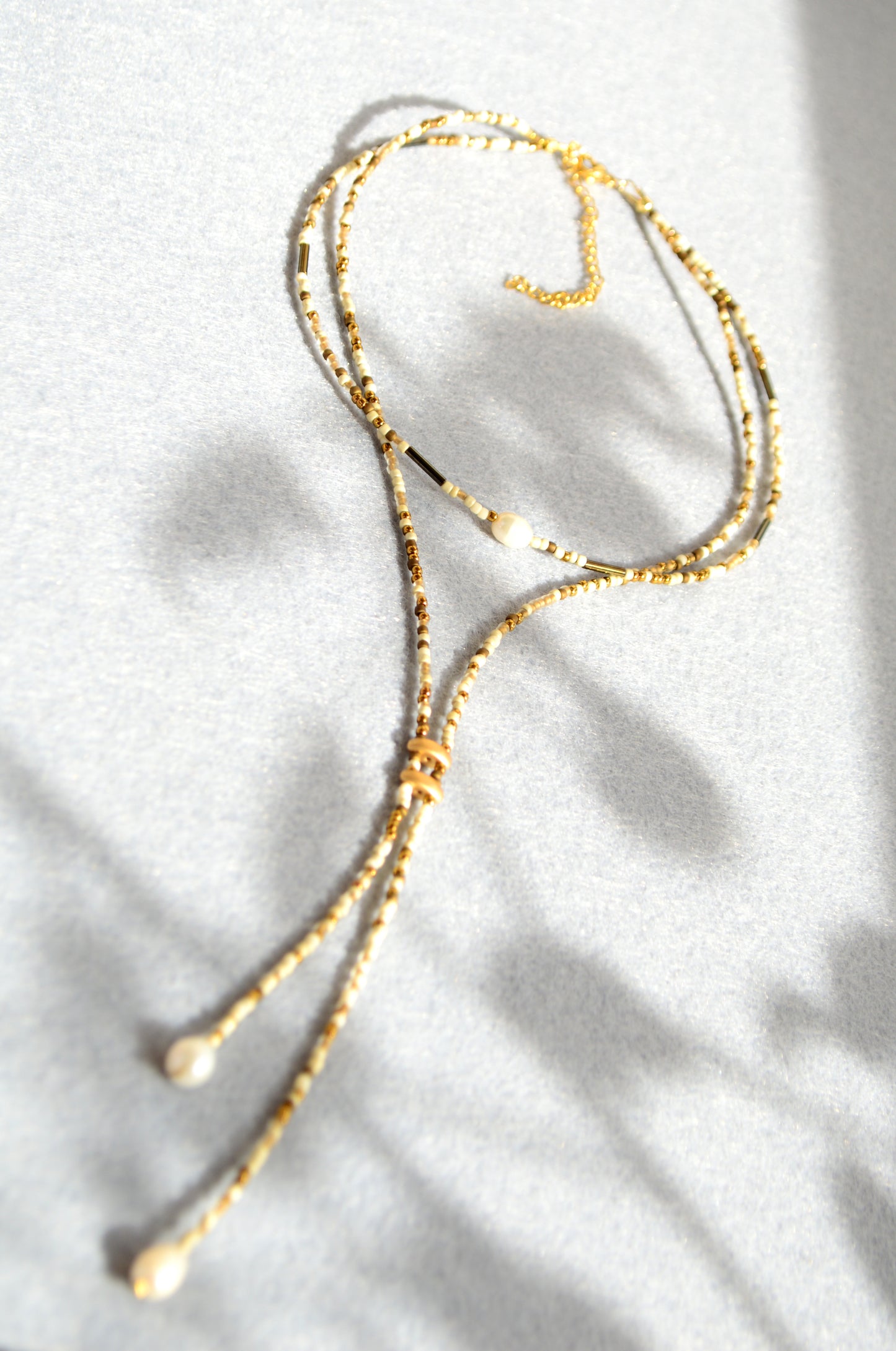 Ivory Beaded Lariat Necklace with Freshwater Pearls – Adjustable Boho Y Necklace