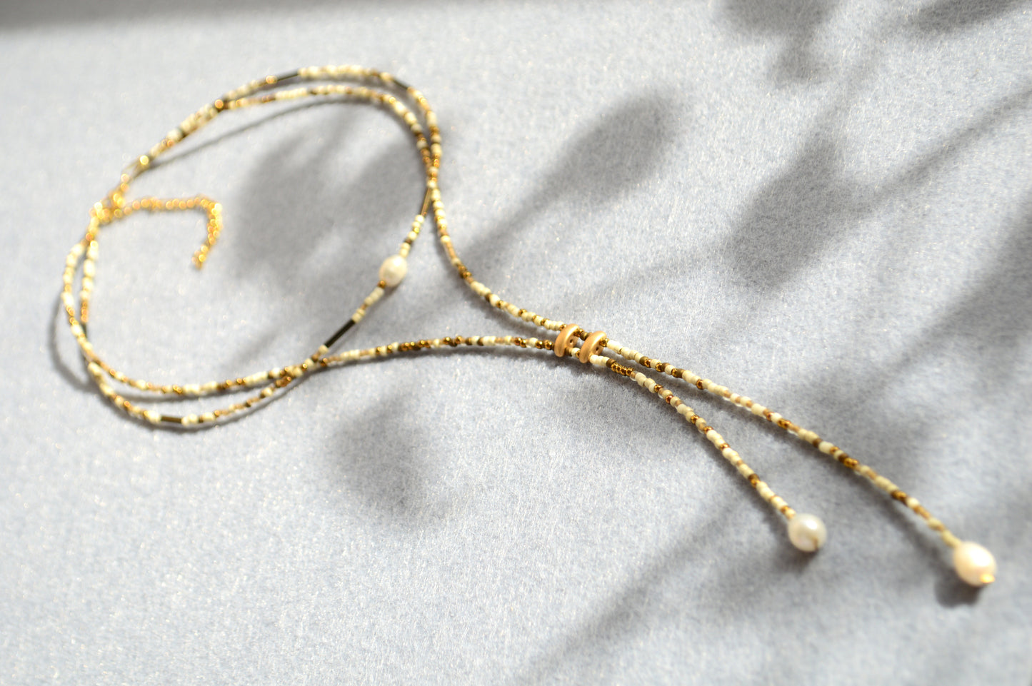 Ivory Beaded Lariat Necklace with Freshwater Pearls – Adjustable Boho Y Necklace