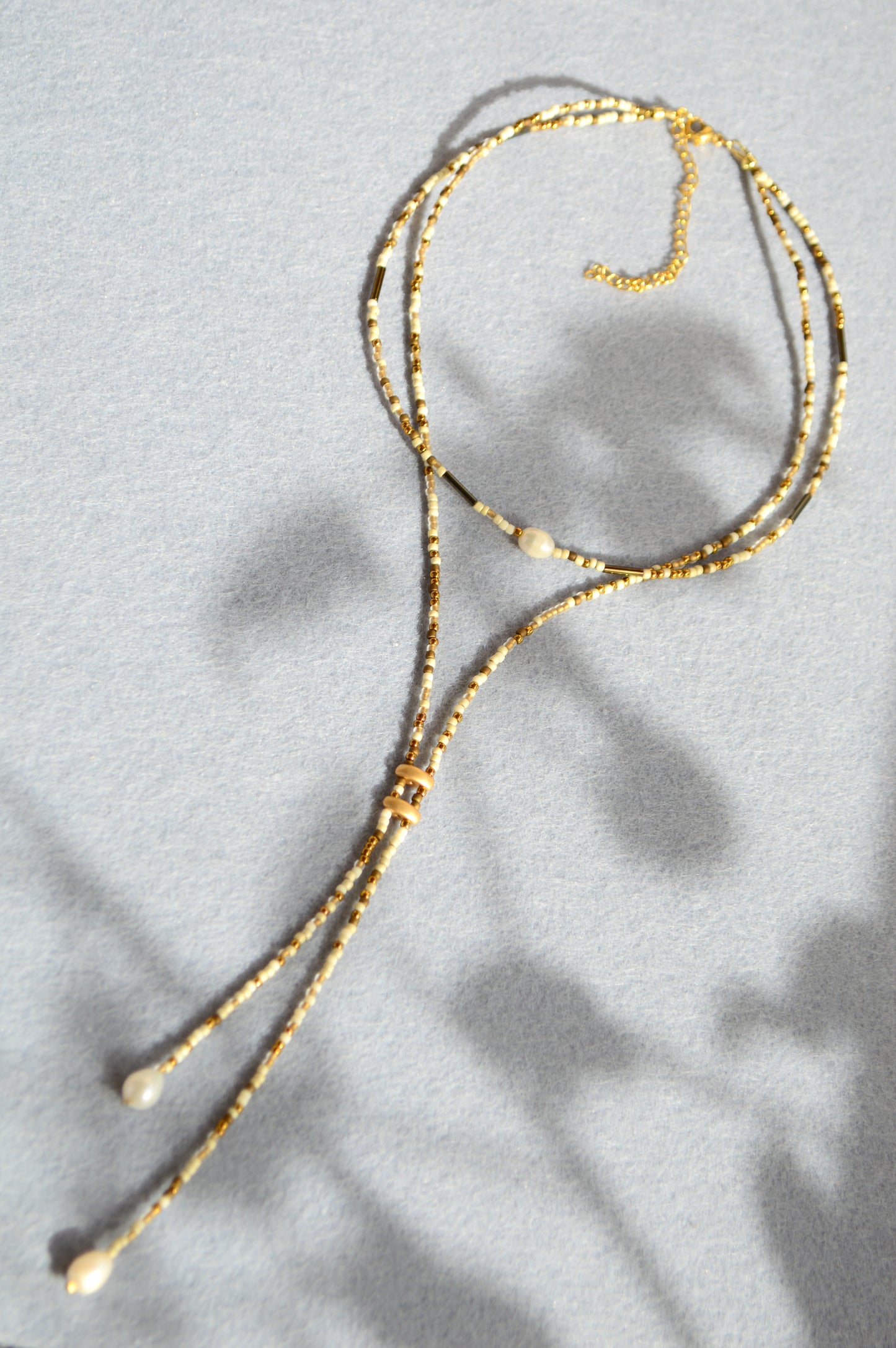 Ivory Beaded Lariat Necklace with Freshwater Pearls – Adjustable Boho Y Necklace