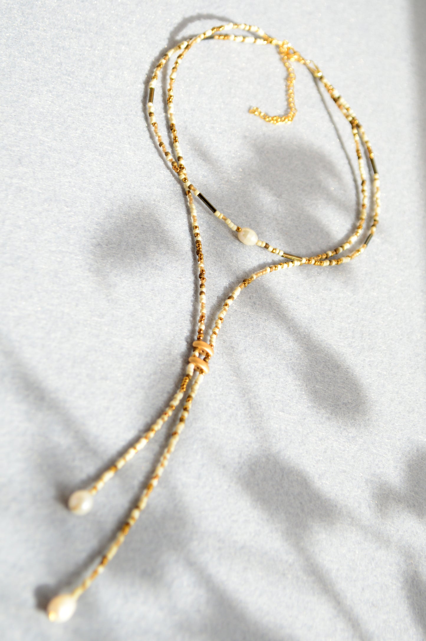 Ivory Beaded Lariat Necklace with Freshwater Pearls – Adjustable Boho Y Necklace