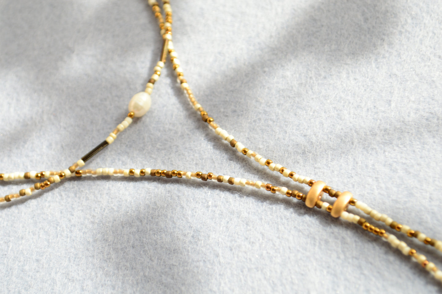 Ivory Beaded Lariat Necklace with Freshwater Pearls – Adjustable Boho Y Necklace