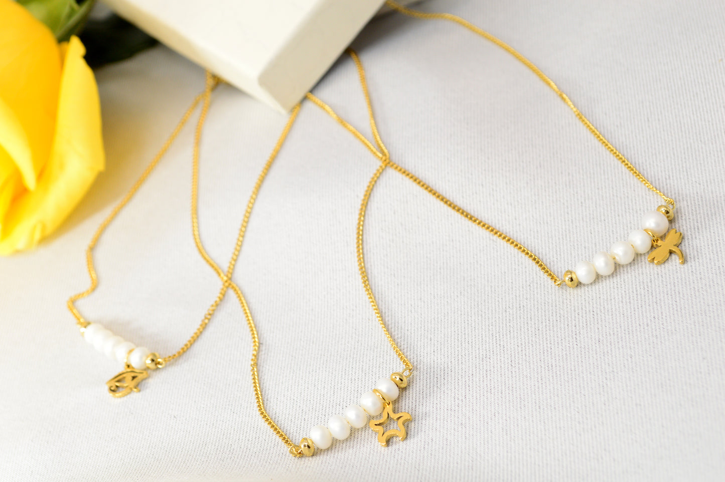 Freshwater Pearl Necklace – Minimal Bar Pendant with Gold Charm on Stainless Steel Chain