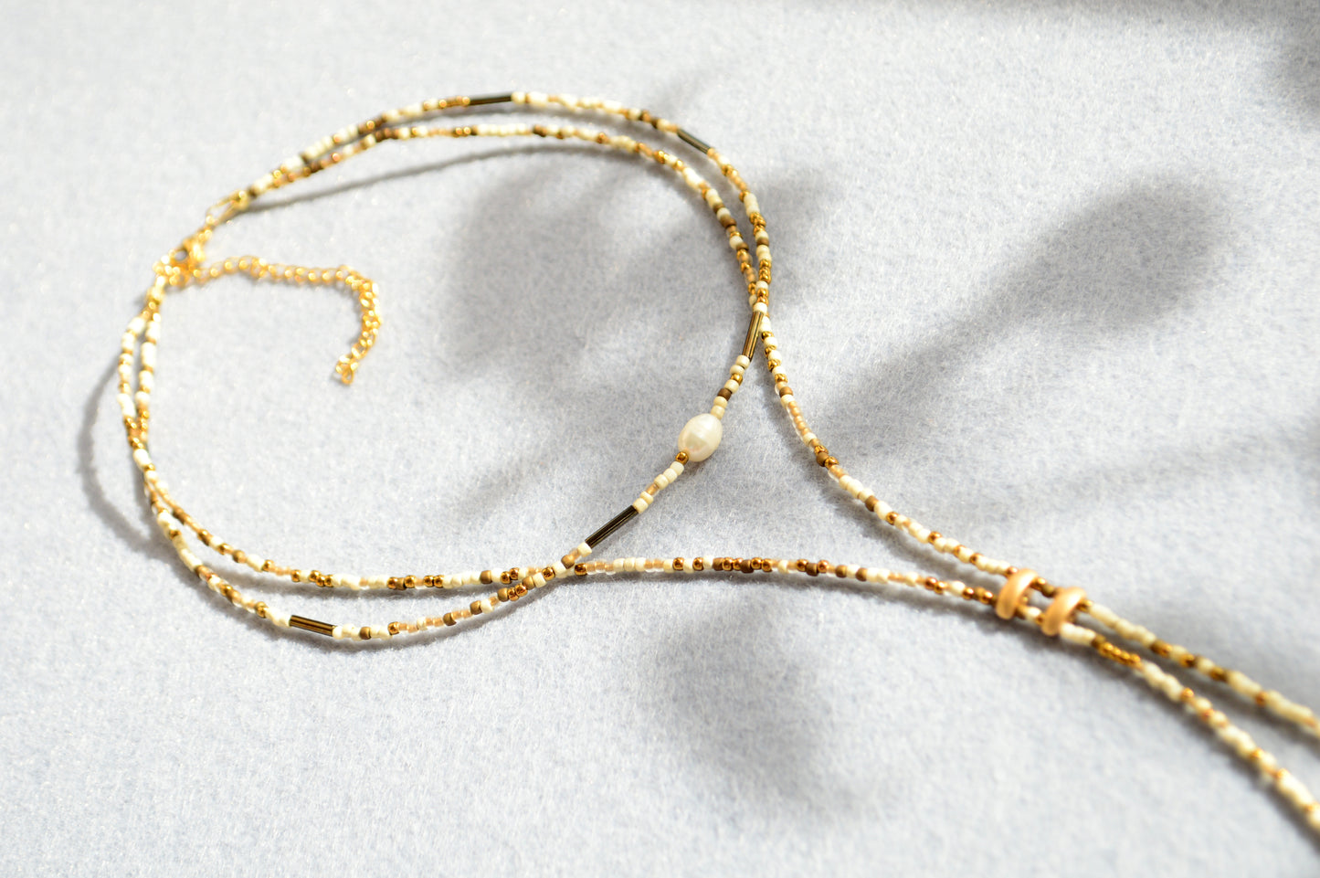 Ivory Beaded Lariat Necklace with Freshwater Pearls – Adjustable Boho Y Necklace