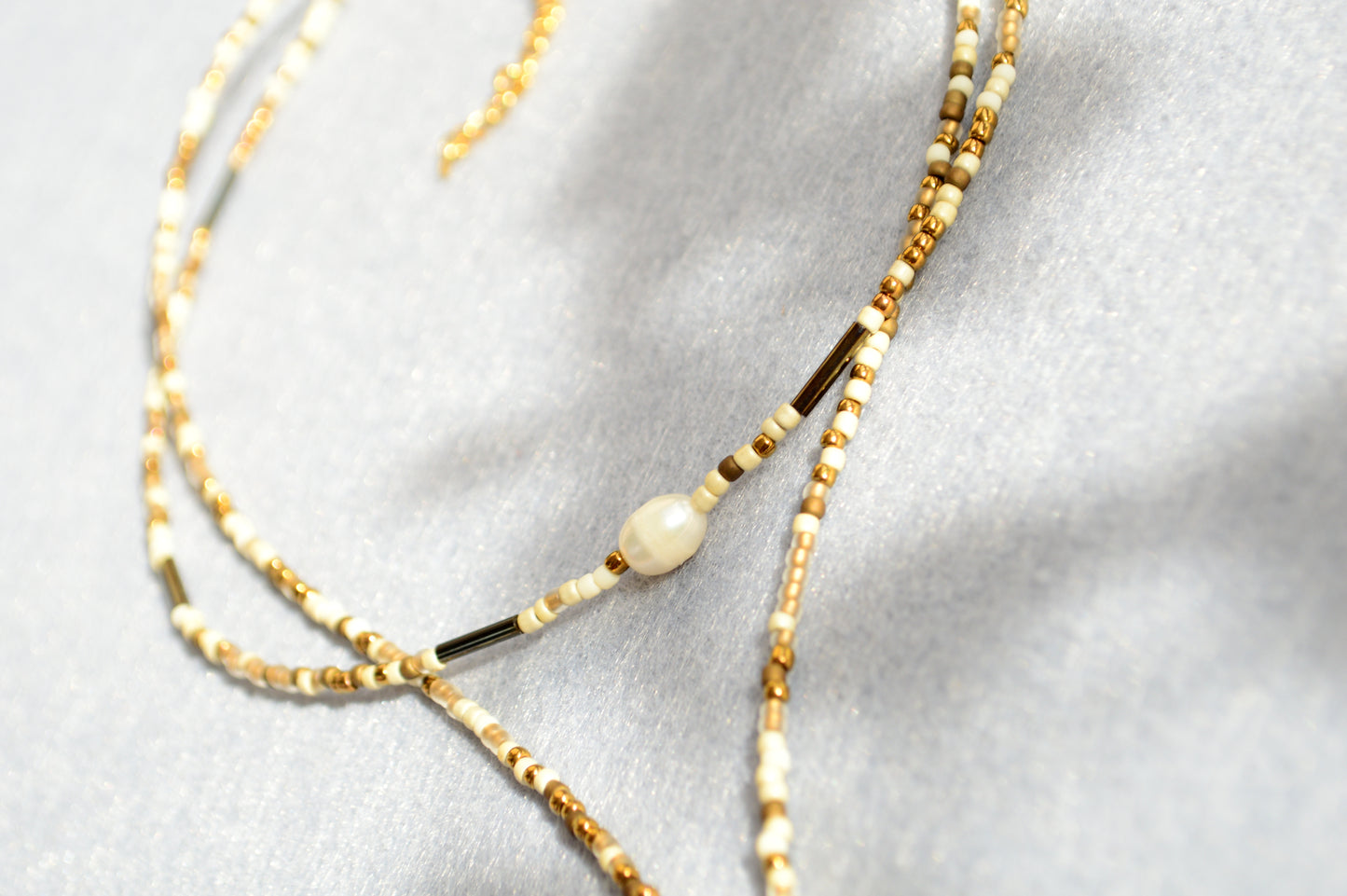 Ivory Beaded Lariat Necklace with Freshwater Pearls – Adjustable Boho Y Necklace