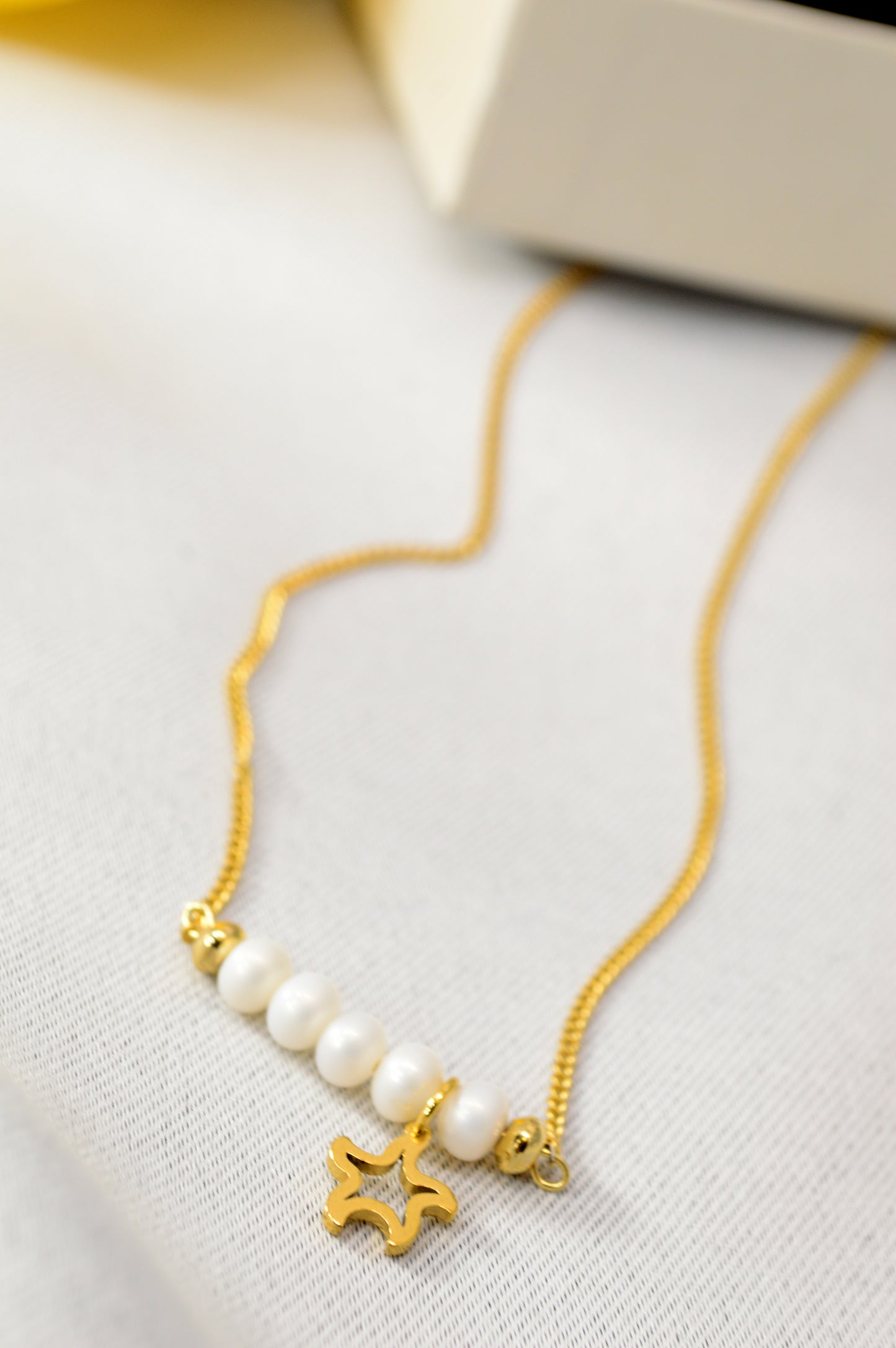 Freshwater Pearl Necklace – Minimal Bar Pendant with Gold Charm on Stainless Steel Chain