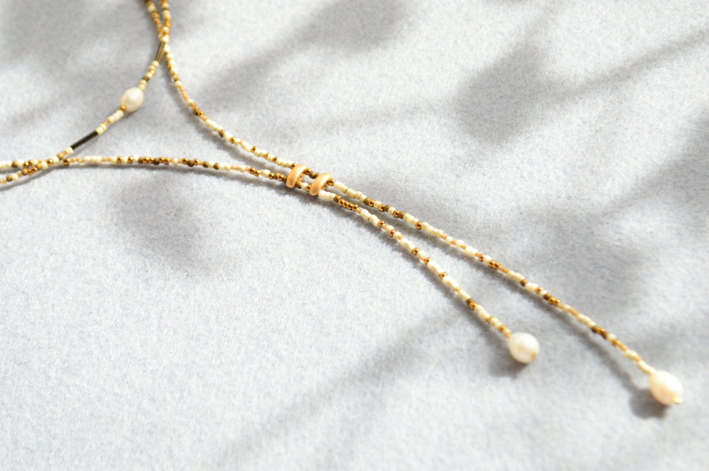 Ivory Beaded Lariat Necklace with Freshwater Pearls – Adjustable Boho Y Necklace