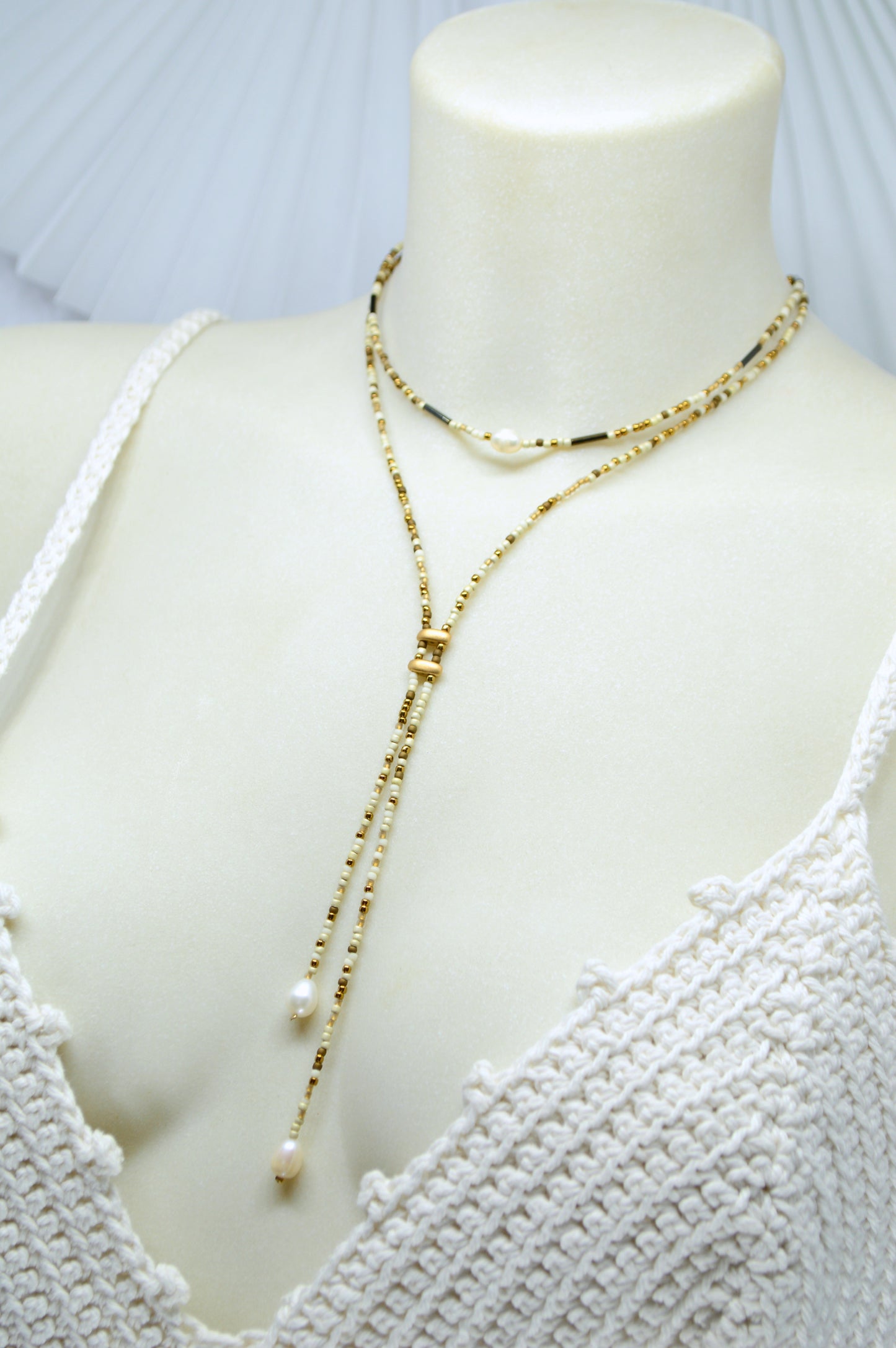 Ivory Beaded Lariat Necklace with Freshwater Pearls – Adjustable Boho Y Necklace