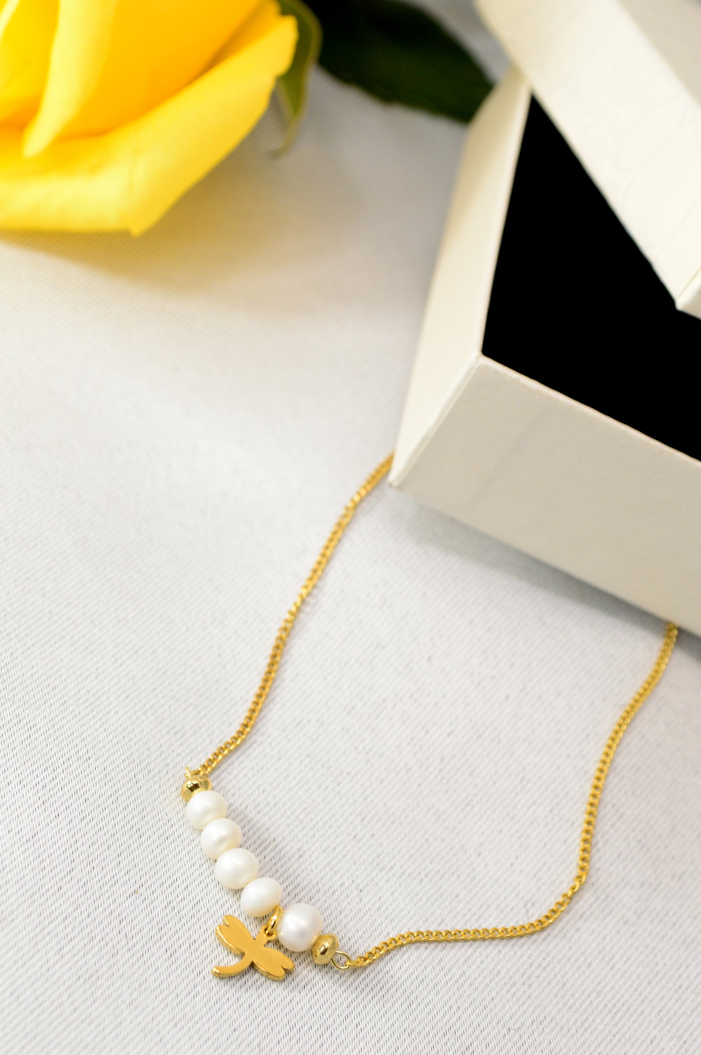 Freshwater Pearl Necklace – Minimal Bar Pendant with Gold Charm on Stainless Steel Chain