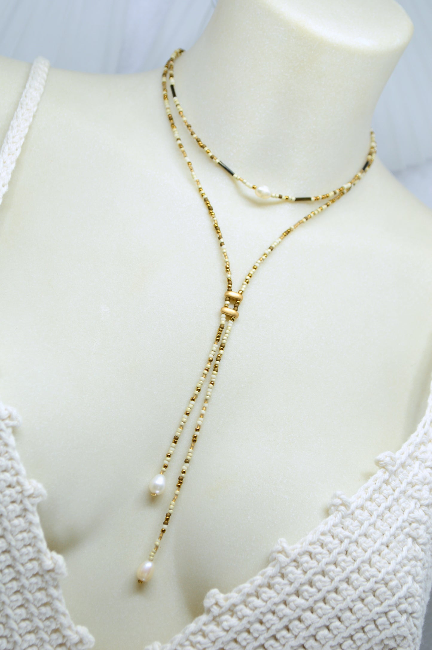 Ivory Beaded Lariat Necklace with Freshwater Pearls – Adjustable Boho Y Necklace