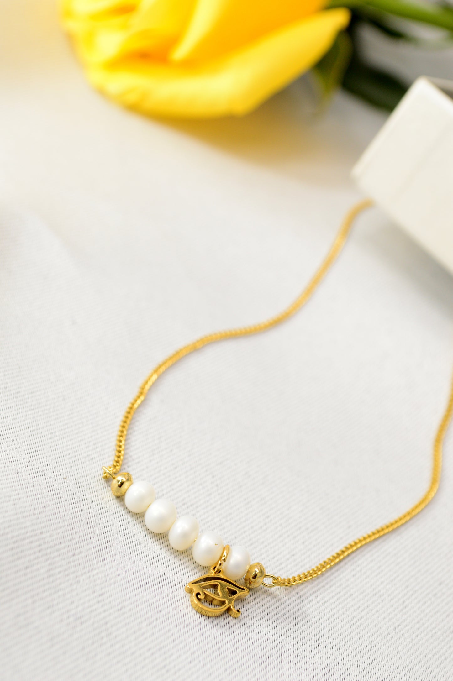 Freshwater Pearl Necklace – Minimal Bar Pendant with Gold Charm on Stainless Steel Chain